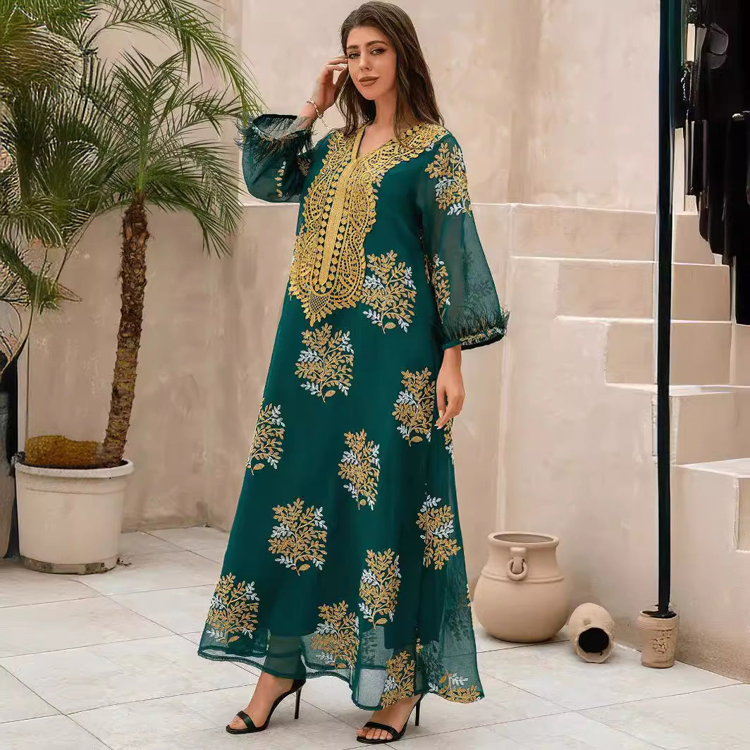 Luxury Dubai Wedding Abaya Turquoise Premium Arabian Craft Sheer Modest Gown Light Airflow Semi-Sheer Textile All Over Delicate Pale Gold Thread Embroidery Classic V-Neckline Loose Full-Length Silhouette Voluminous Bell Sleeves Pan-Arab Ladies Eid At