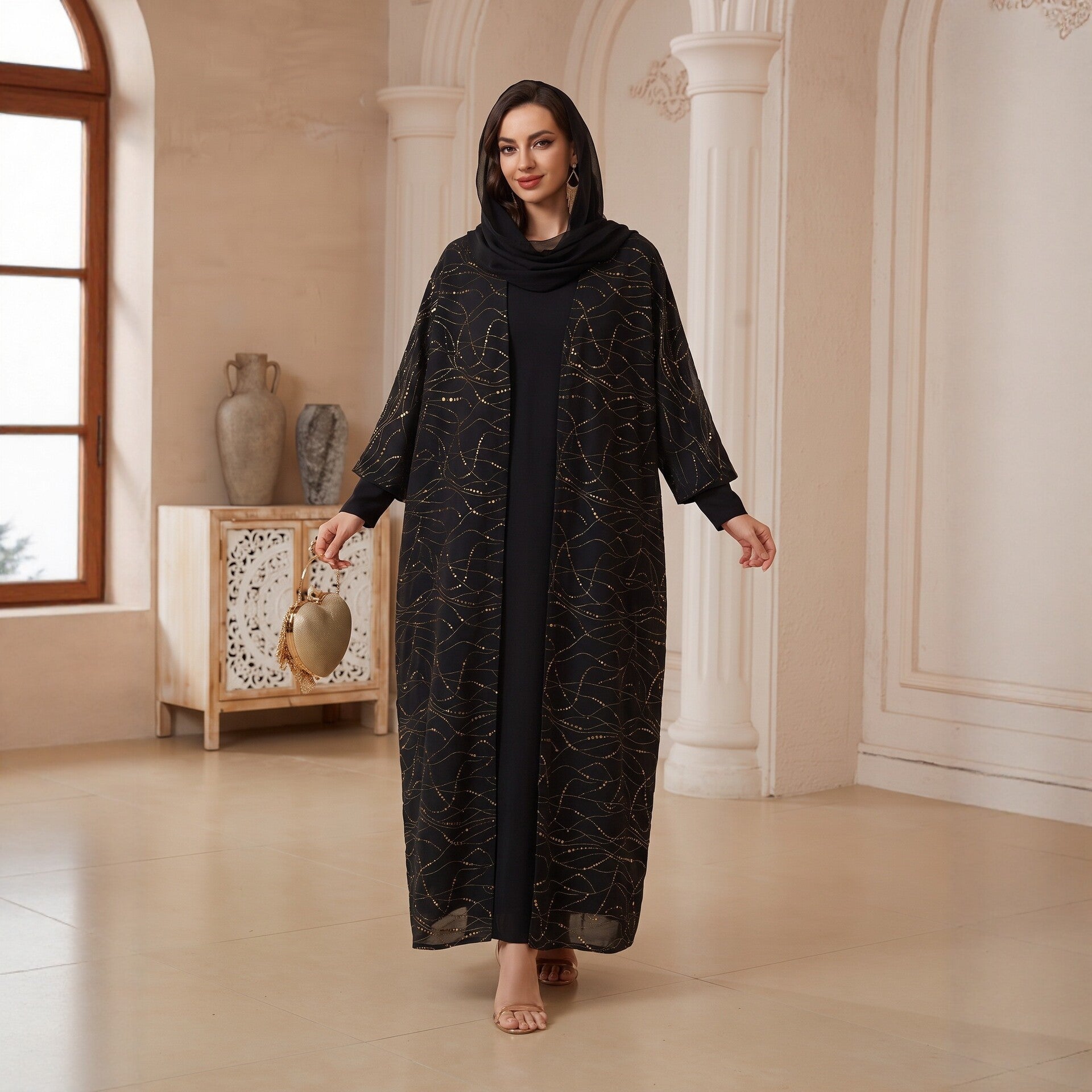 Black Peacock Green Open Outerwear with Hijab Set