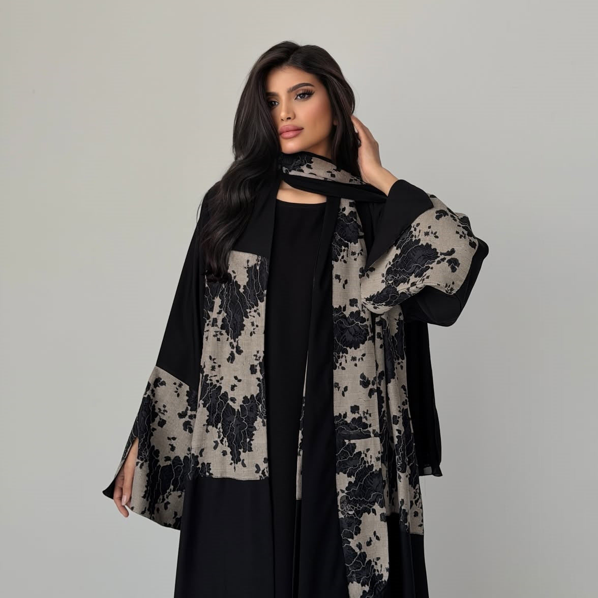 Black Lace Patchwork Open Outerwear Maxi Dress with Hijab Two-Piece Set Jalabiya Modest Long Dress for Eid Ramadan Festive Celebration S-XXL