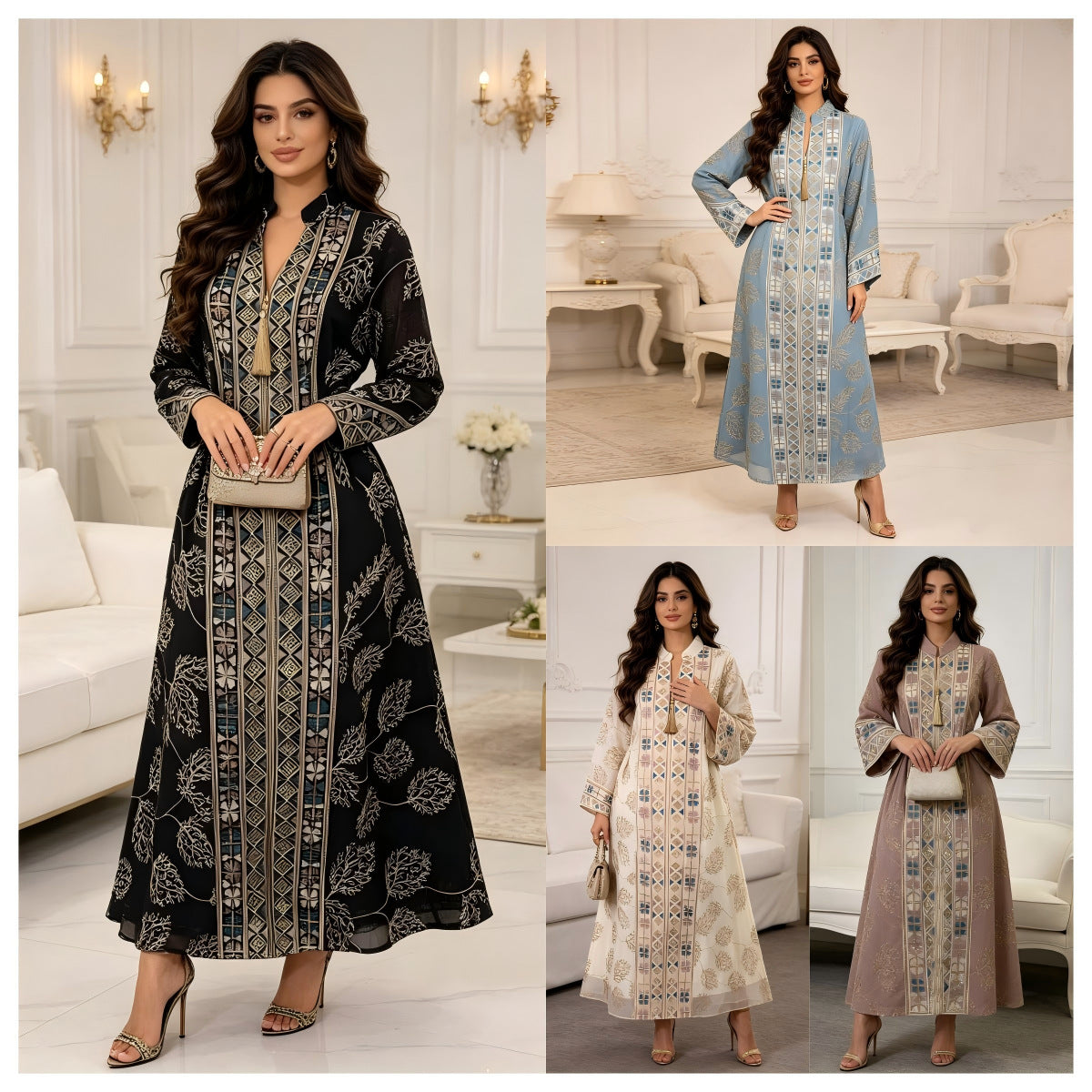 Black Cyan Ivory Peach V-Neck Heavy Embroidered Maxi Abaya Dress