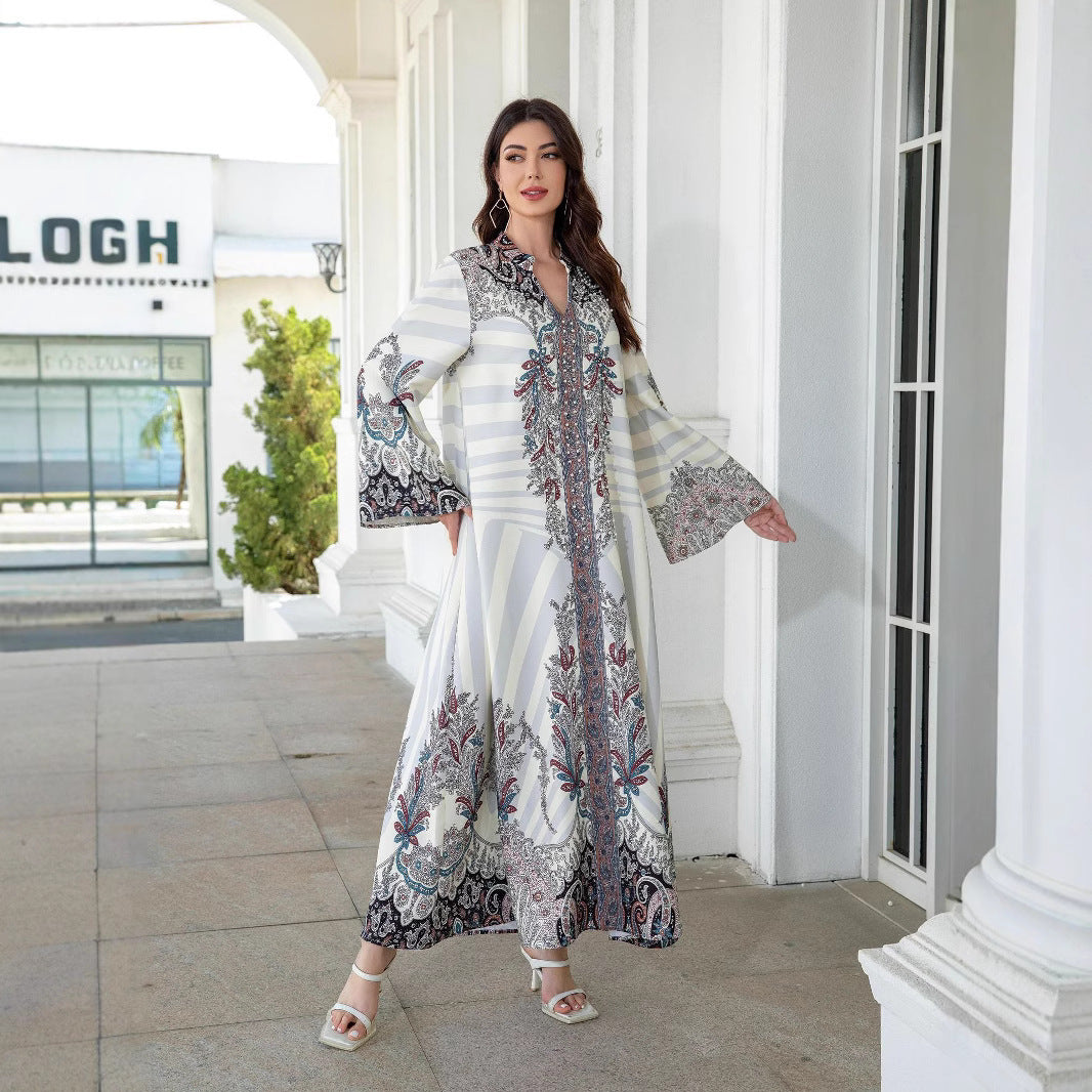 White Floral Print Mandarin Collar Rhinestone Embroidered Maxi Abaya