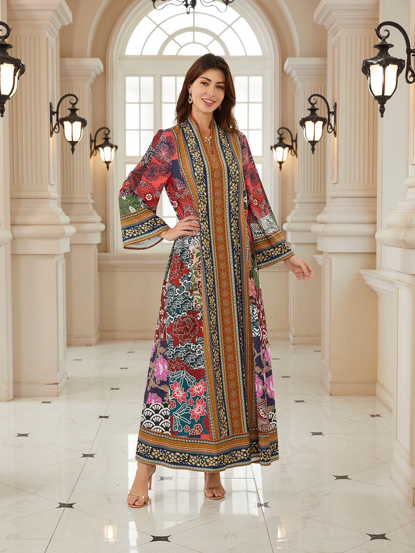 Radiant Floral Jalabiya – V-Neck Bohemian Modest Maxi Dress