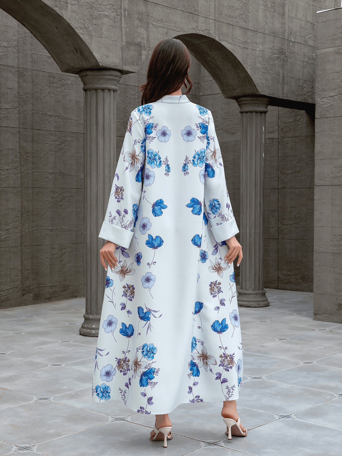 Light Blue Rhinestone Mandarin Collar Embroidered Maxi Abaya Dress