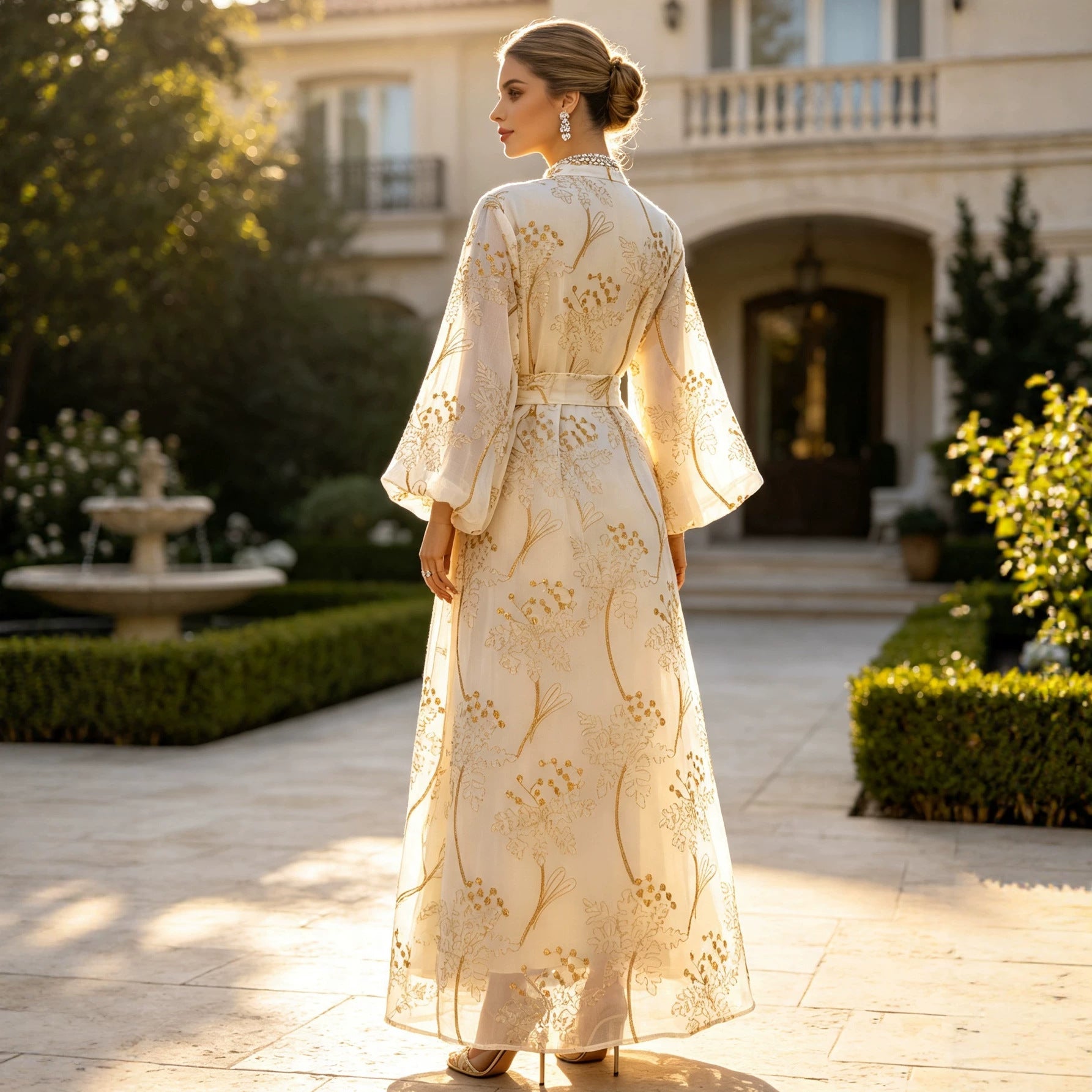Luxury Gold Embroidered High Neck Abaya Dress Lantern Sleeve Belted Kaftan Modest Long Maxi Evening Gown Eid Ramadan S-XXL