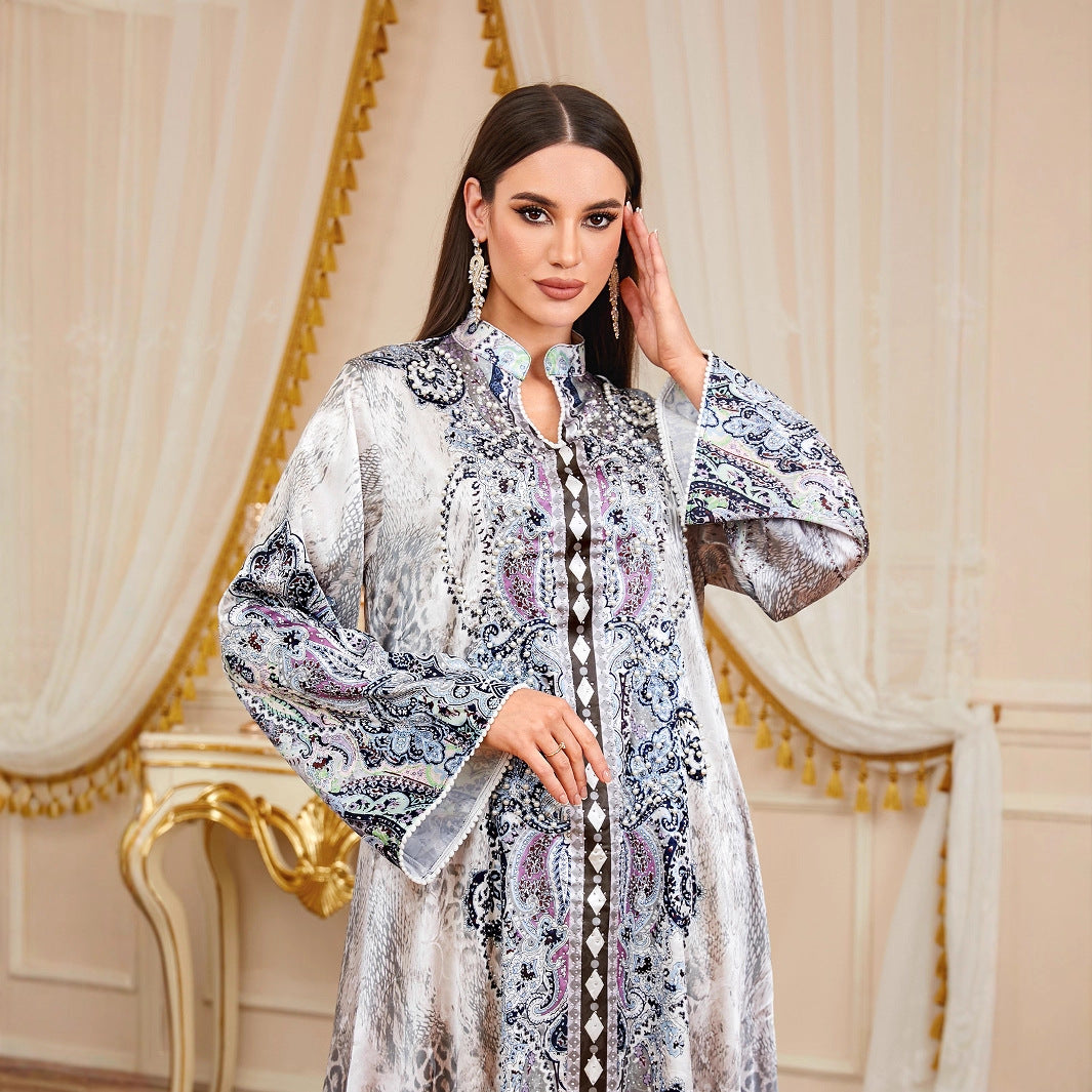 Rhinestone Beaded Floral Print Gown Jalabiya Modest Loose Long Maxi Evening Dress for Muslim Women Eid Ramadan S-XXL