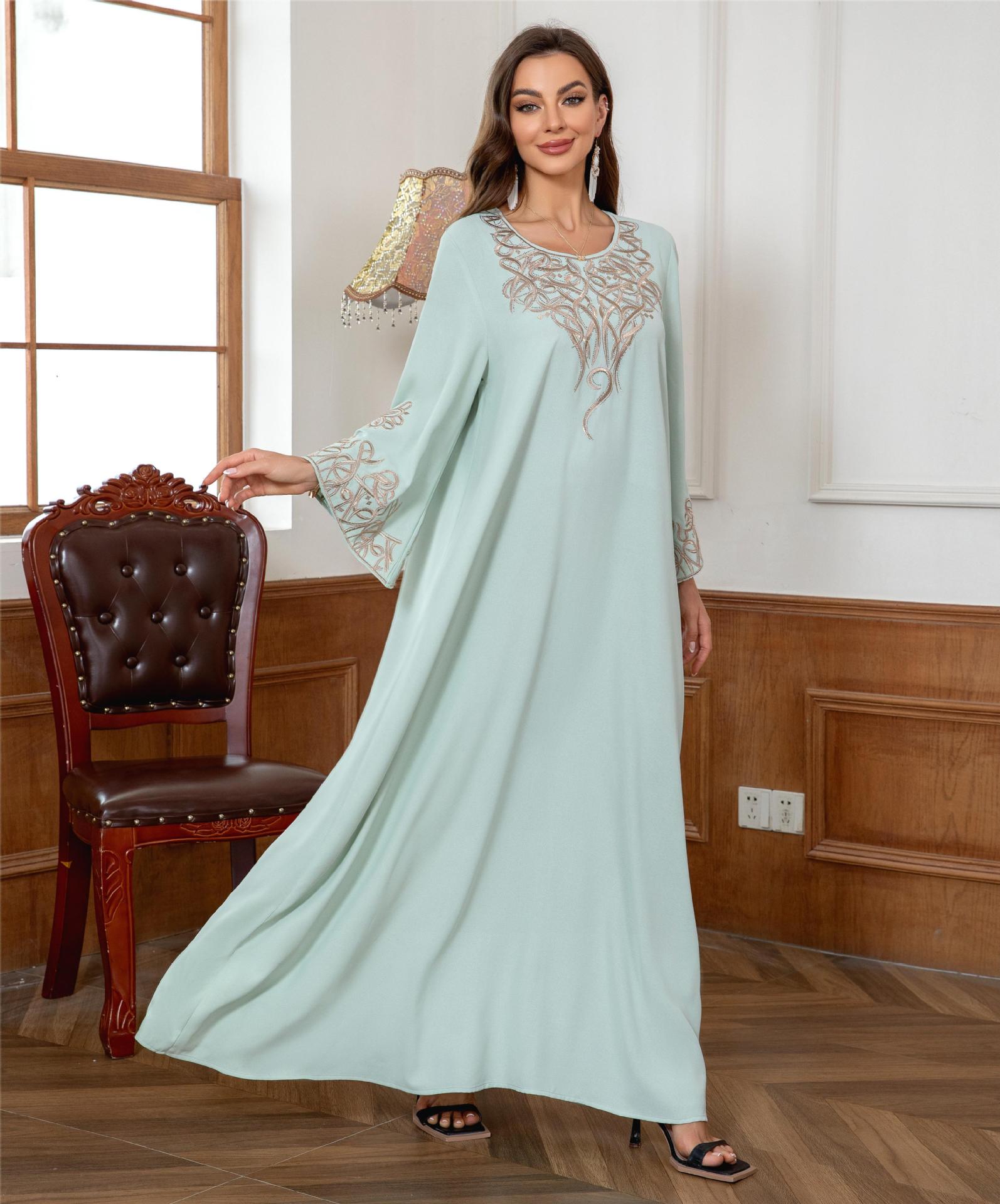 Women Light Mint Green Rhinestone Embroidered Round Neck Long Sleeve Abaya Loose Long Dubai Muslim Modest Kaftan Maxi Dress For Wedding Eid Ramadan