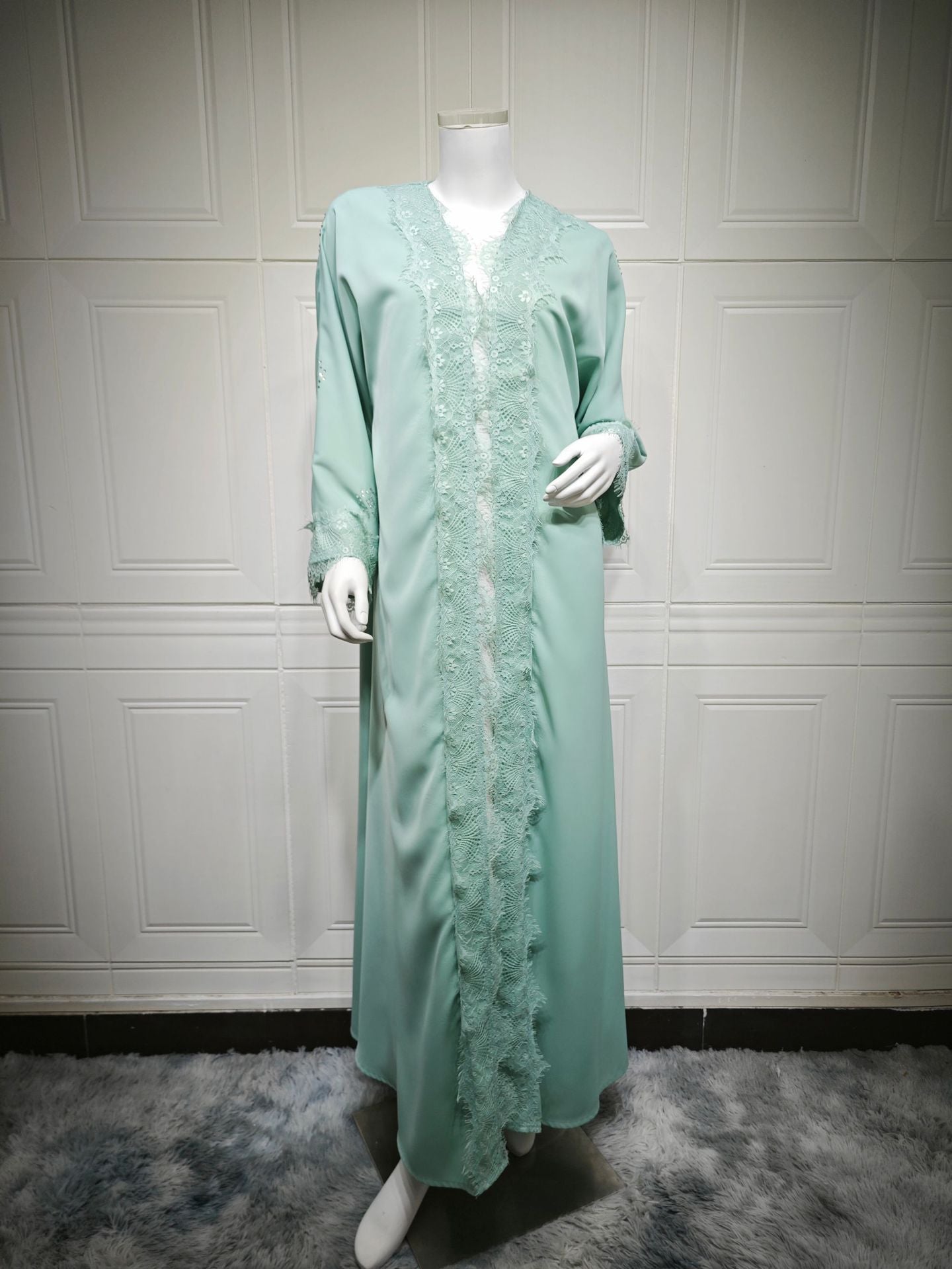 Light Green Lace Patchwork Long Open Abaya - Plus Size Modest Maxi Cardigan