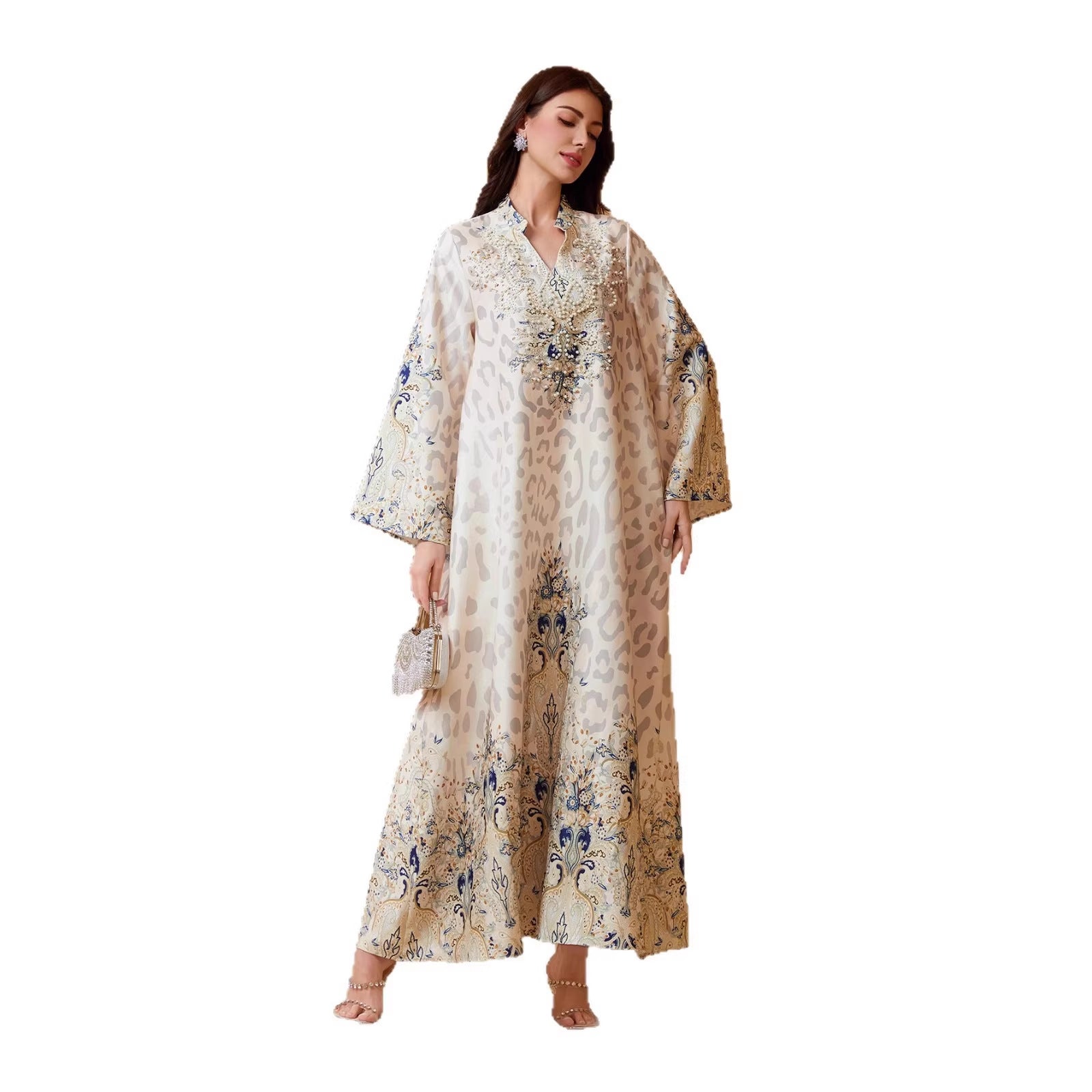 Bold Yellow Grey Leopard Rhinestone Kaftan Abaya Maxi Eid Ramadan
