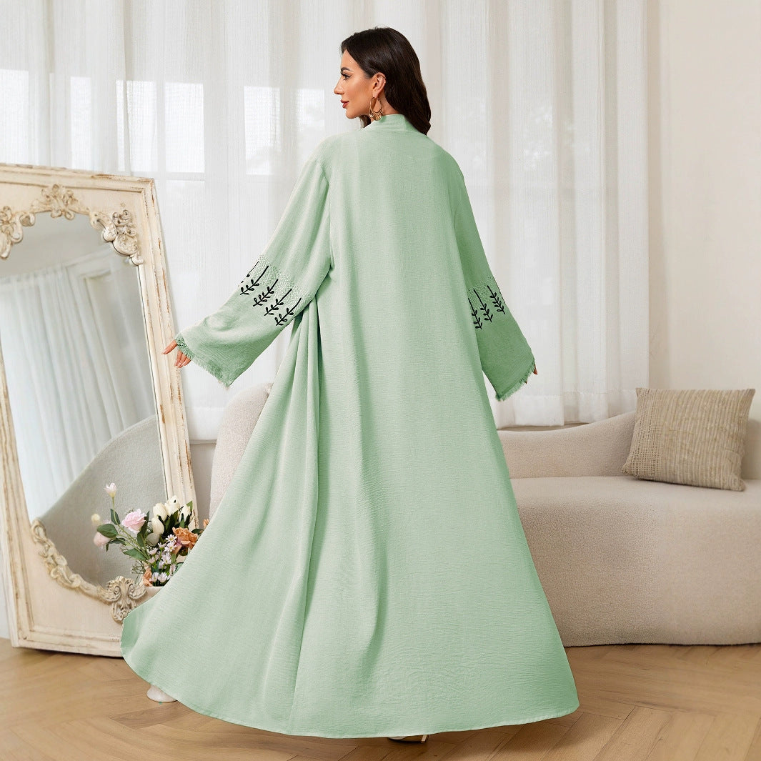 Embroidered Belted Open Front Long Maxi Cardigan Abaya Modest Long Robe for Muslim Women Eid Ramadan Festive Celebration One Size