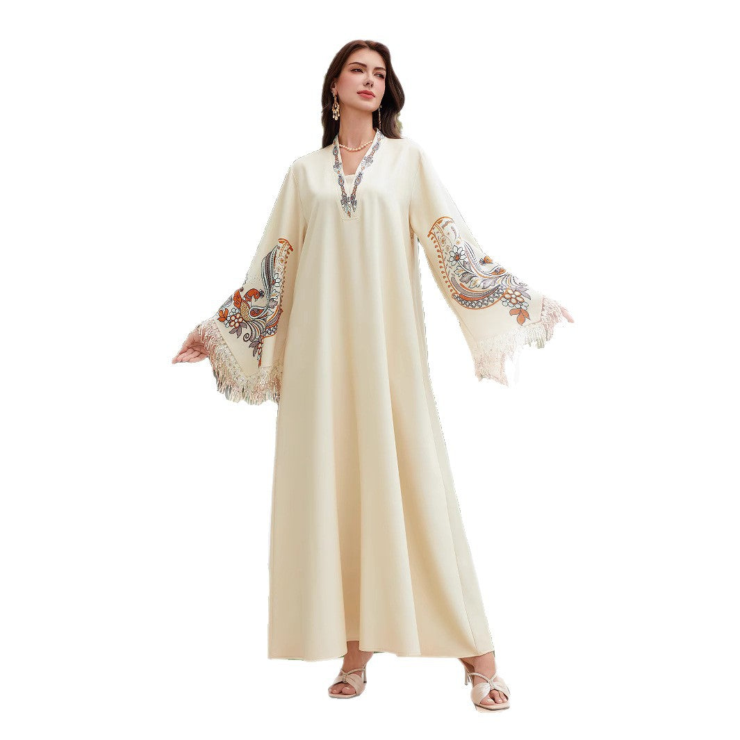 Captivating Light Yellow Kaftan – V-Neck Muslim Embroidered Maxi