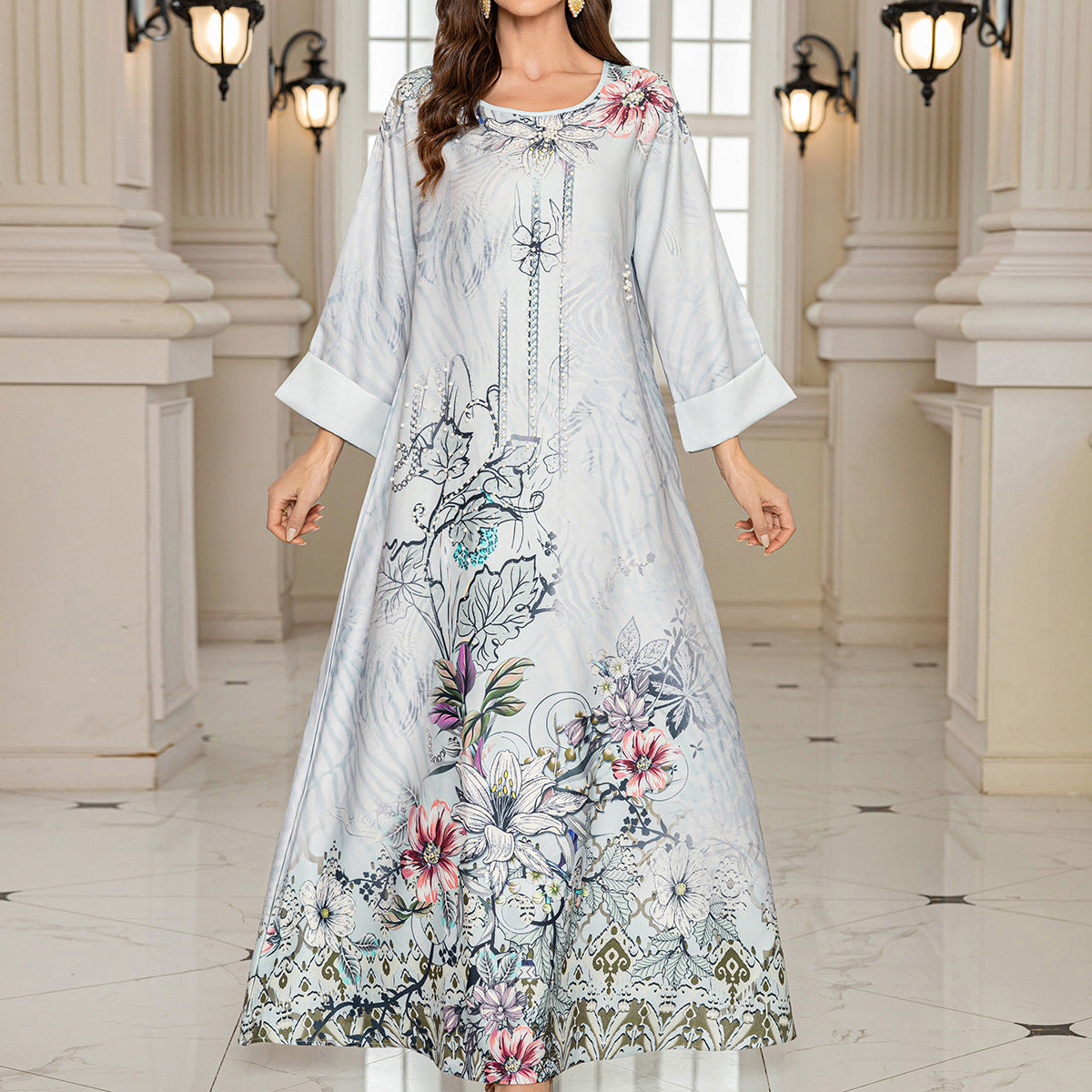 Grey Rhinestone Beaded Inlaid Diamond Maxi Abaya Long Dress