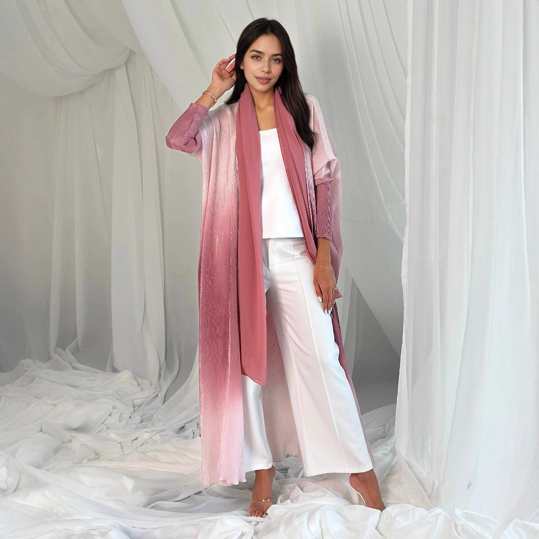 Gradient Print Pleated Open Front Abaya Cardigan Modest Long Maxi Dress for Muslim Women Eid Ramadan Casual S-XXL