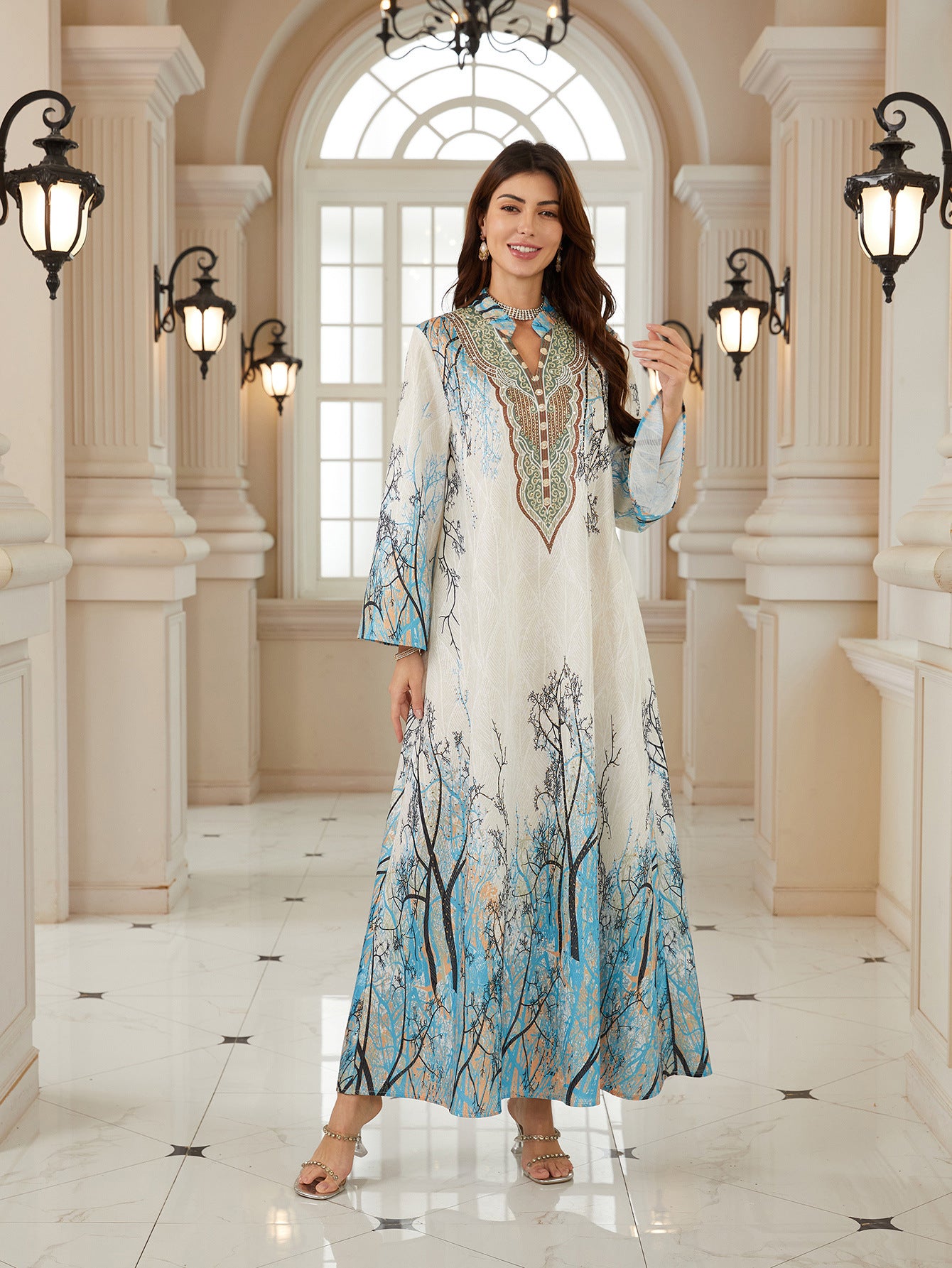 White Base Blue Tree Branch Print Stand Collar Abaya Long Flare Sleeve V Neck Decorative Embroidery Modest Muslim Women Full Length Kaftan Dress For Daily Ramadan Party