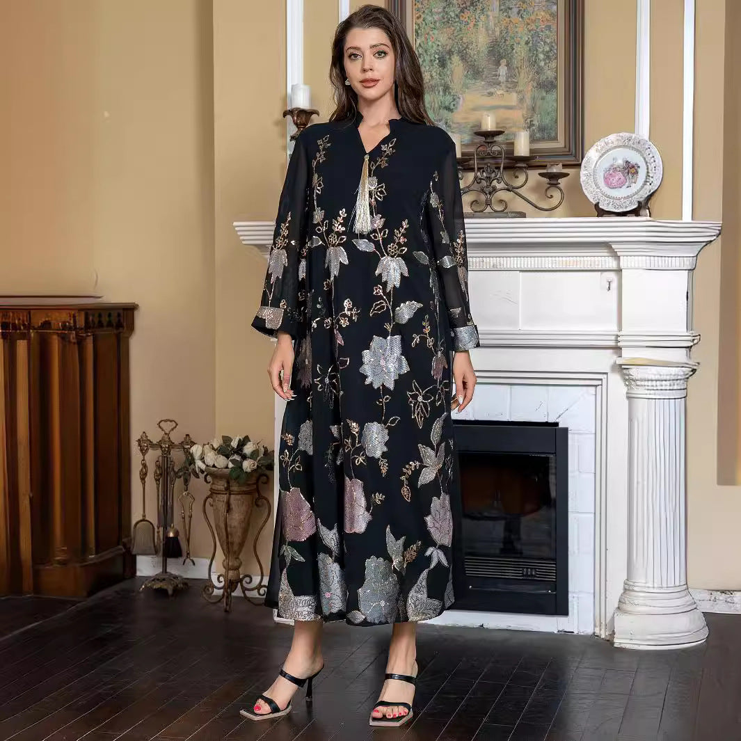 2026 Trending Modest Formal Abaya Black Tone Gradient Floral Sequin Embroidery V Neck Tassel Pendant Sheer Long Sleeve Long Dubai Robe Plus Size For UAE Saudi GCC Ramadan & Nikkah Ceremony