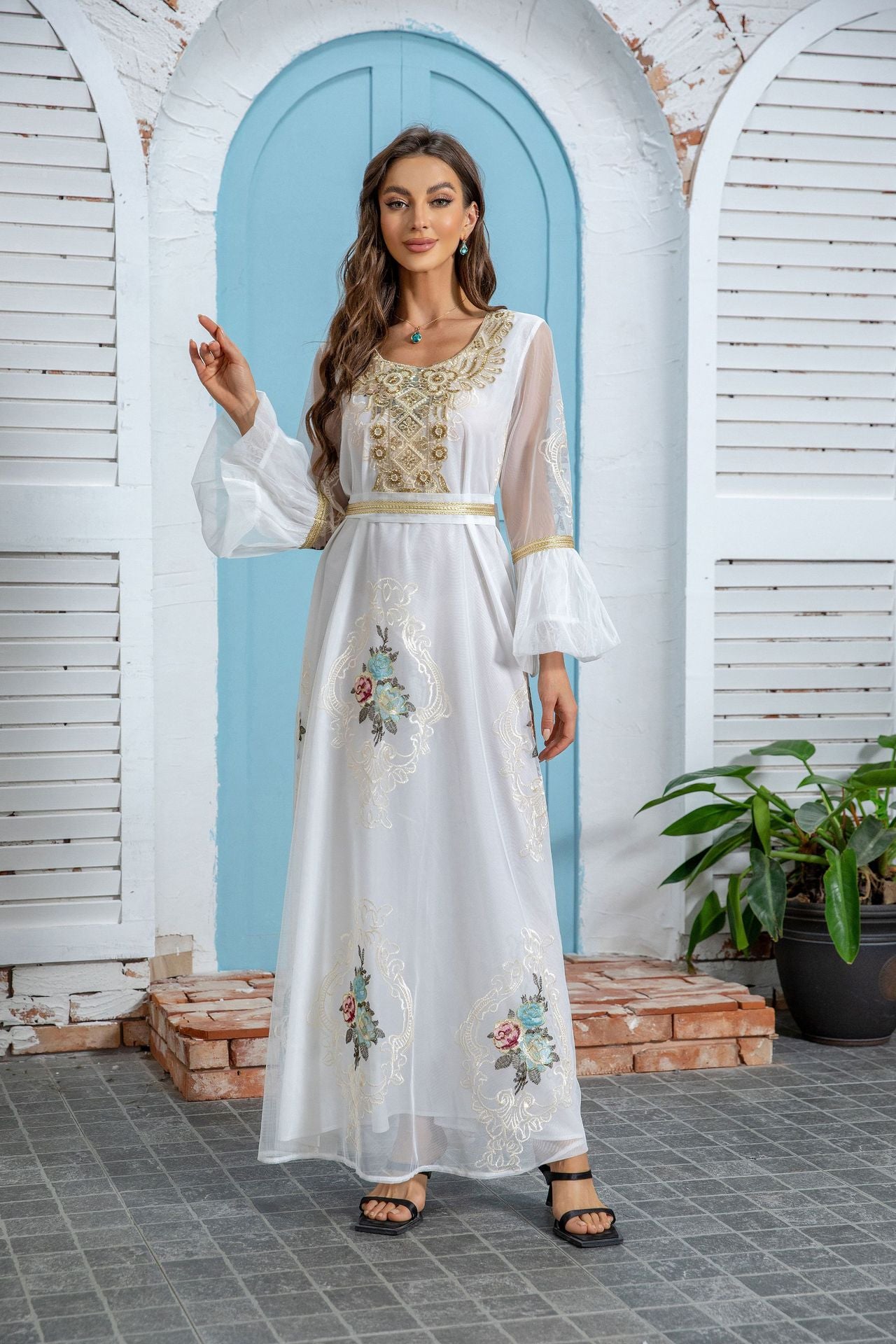 Radiant White Embroidered Abaya – Modest Evening Maxi Robe