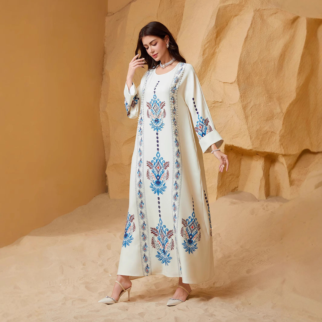 White Printed Abaya Maxi Dress - Flowing Modest Muslim Robe