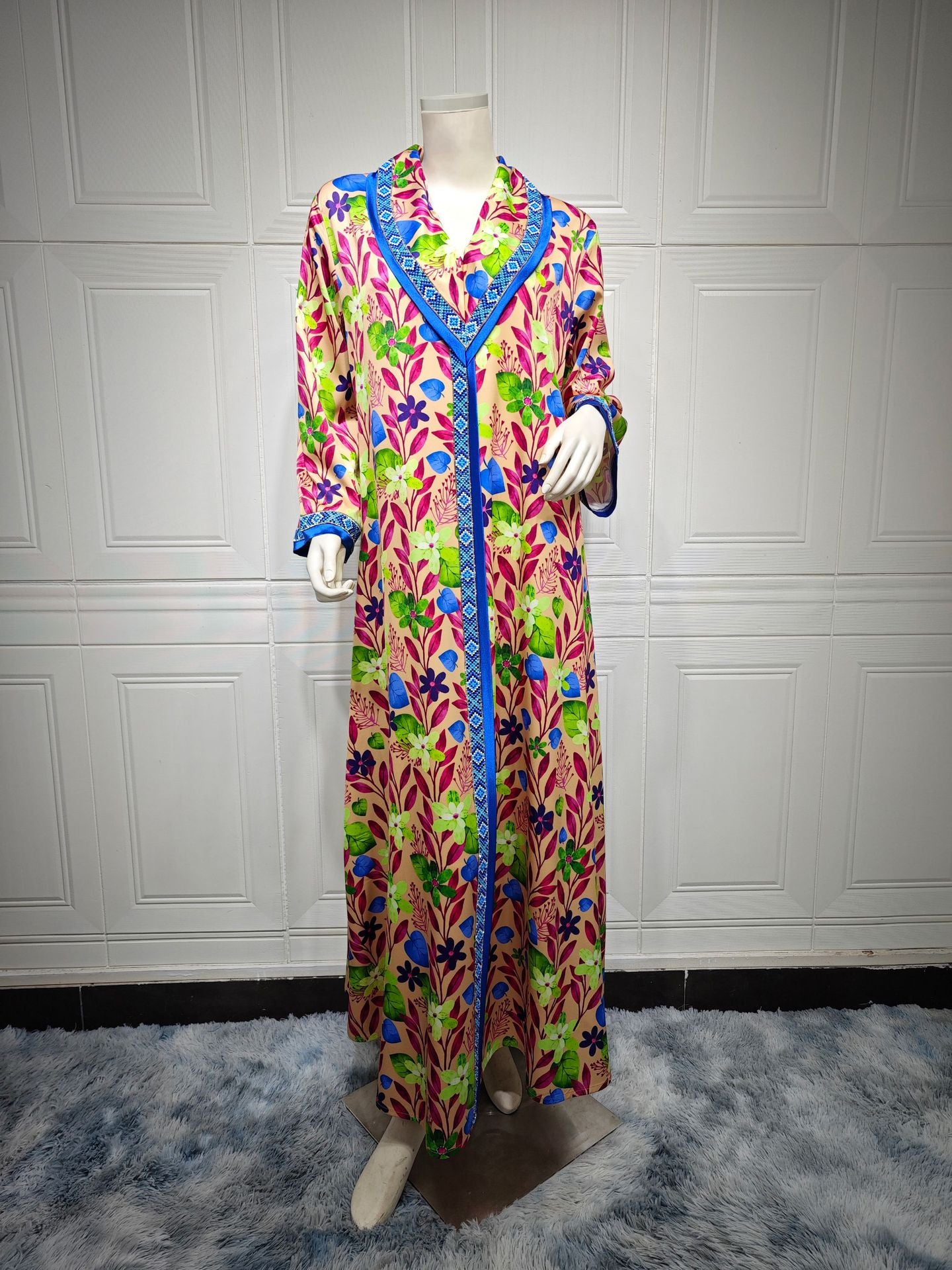 Green and Blue Floral Print Rhinestone Pullover Maxi Dress - Plus Size Casual