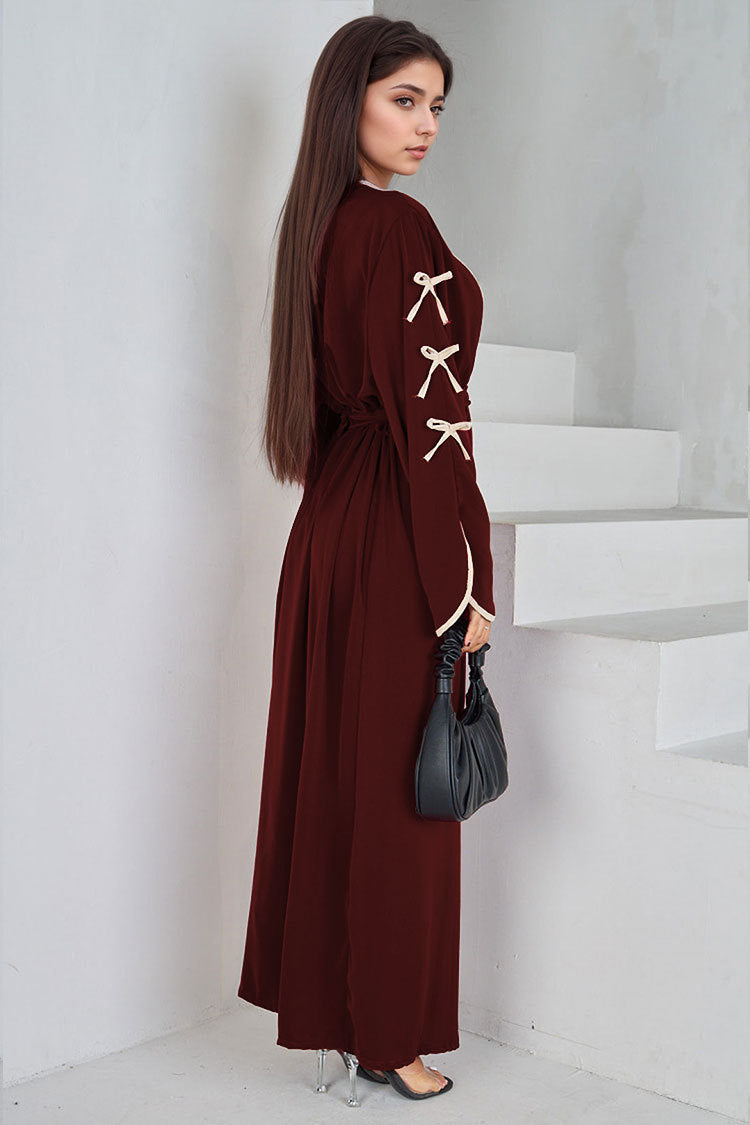 Wine Red Trim Long Open Cardigan Maxi Abaya with Belted Sleeves