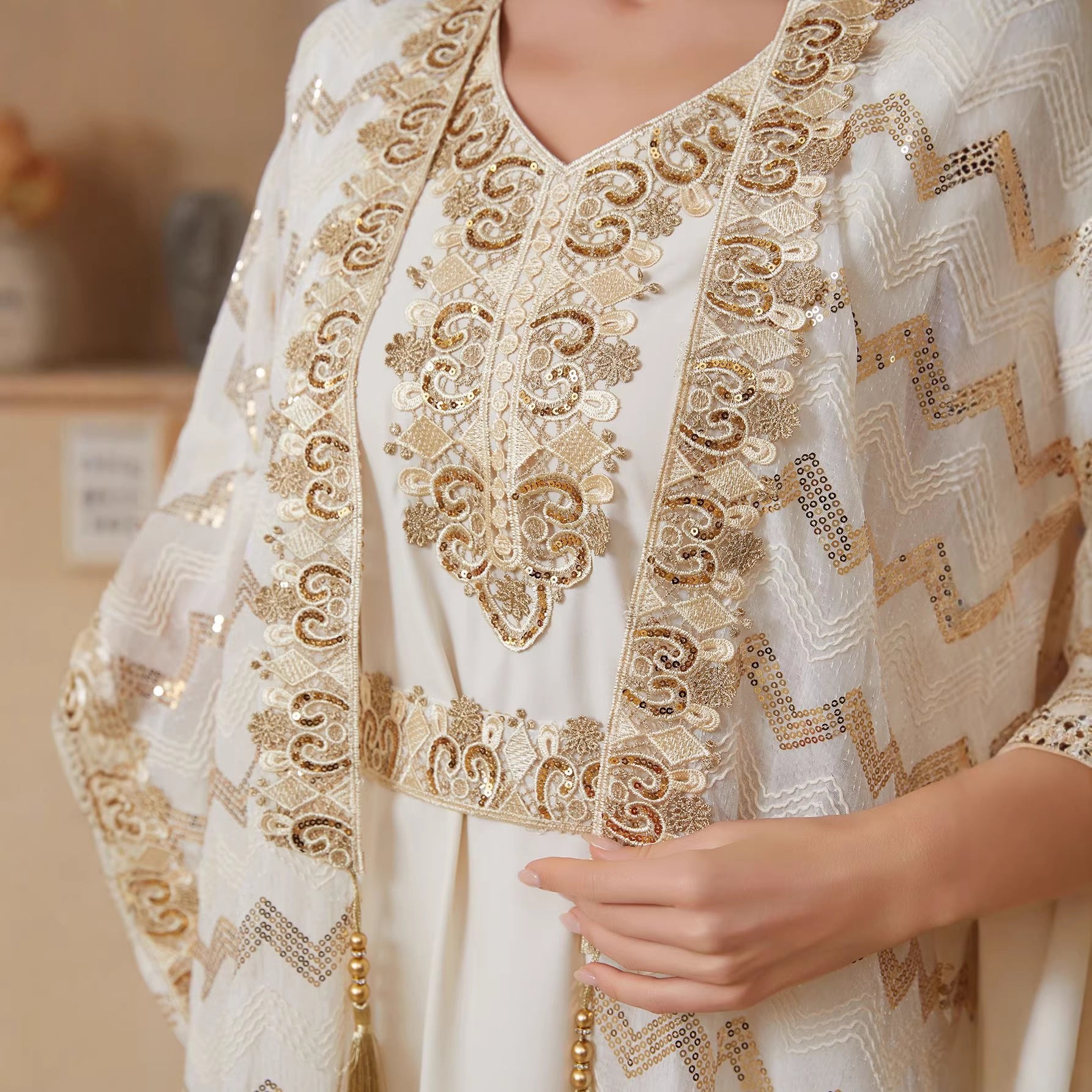 Cream & Lavender Two Piece Abaya Set Handcrafted Gold Embroidery Moroccan Evening Kaftan