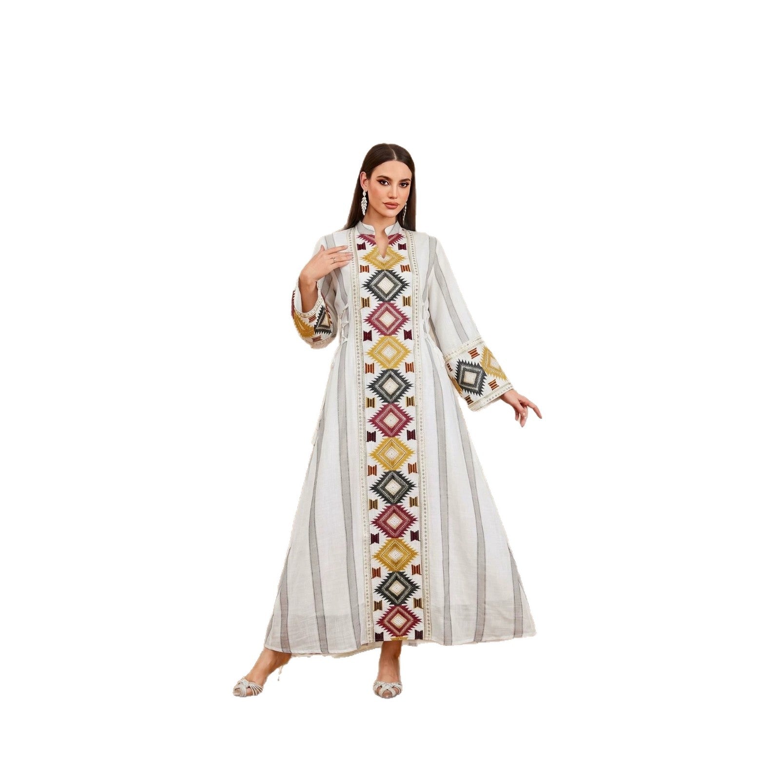 Embroidered Striped Patchwork Belted Gown Jalabiya Modest Slimming Long Maxi Dress for Muslim Women Eid Ramadan S-XXL