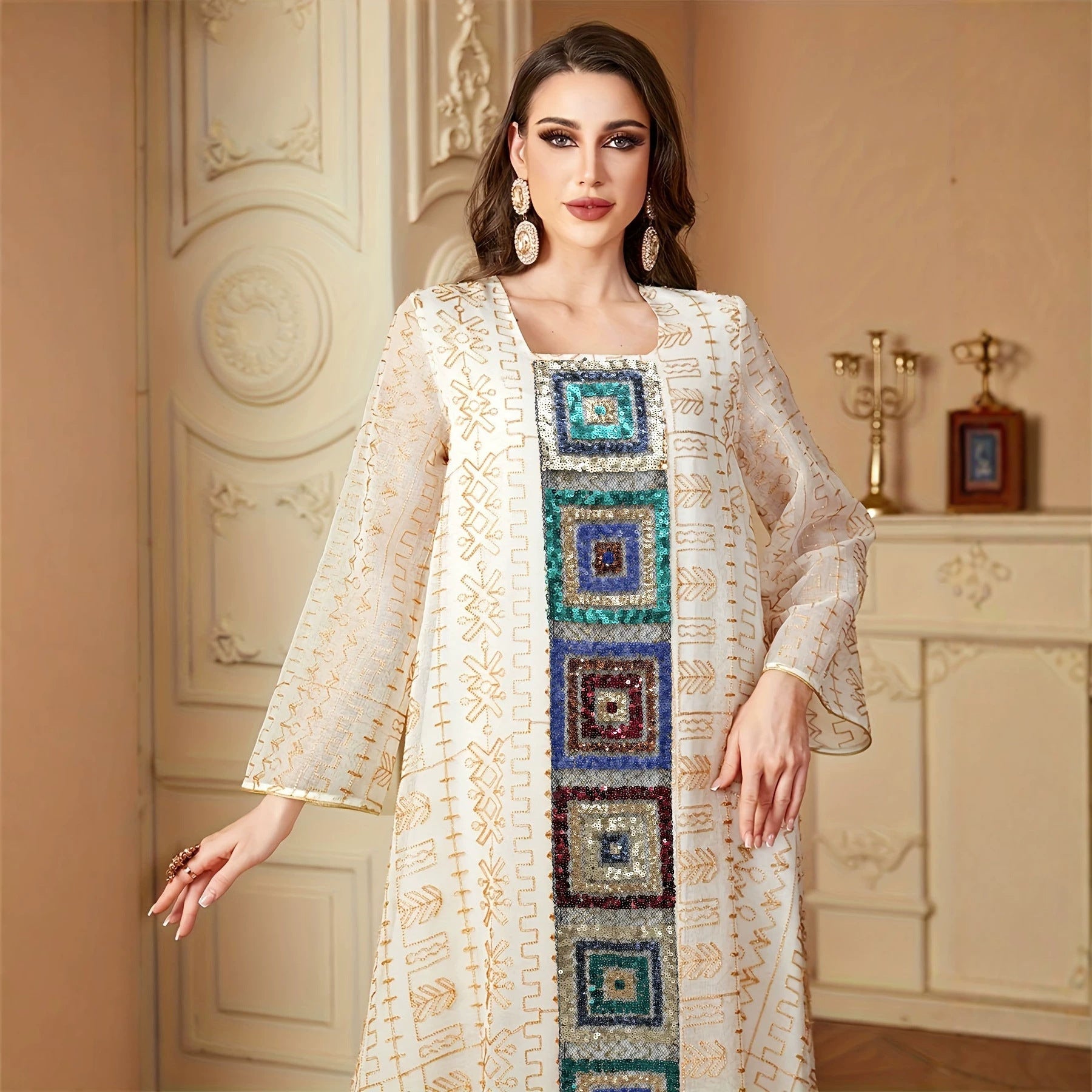 Sequin Applique Embroidered Kaftan Dress Jalabiya Modest Long Maxi Dress for Eid Ramadan Festive Celebration S-XXL