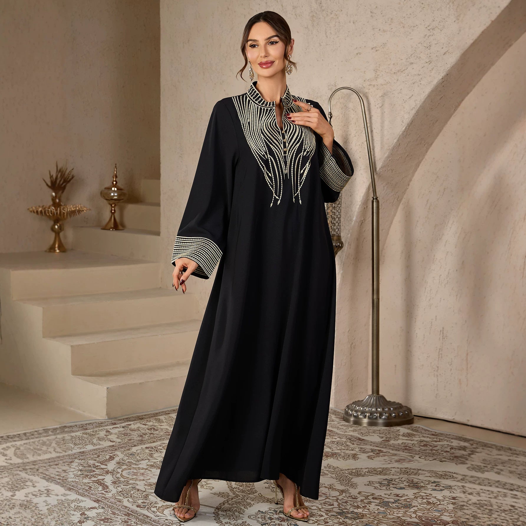 Wine Red and Black Embroidered Pullover V-Neck Maxi Abaya Dress
