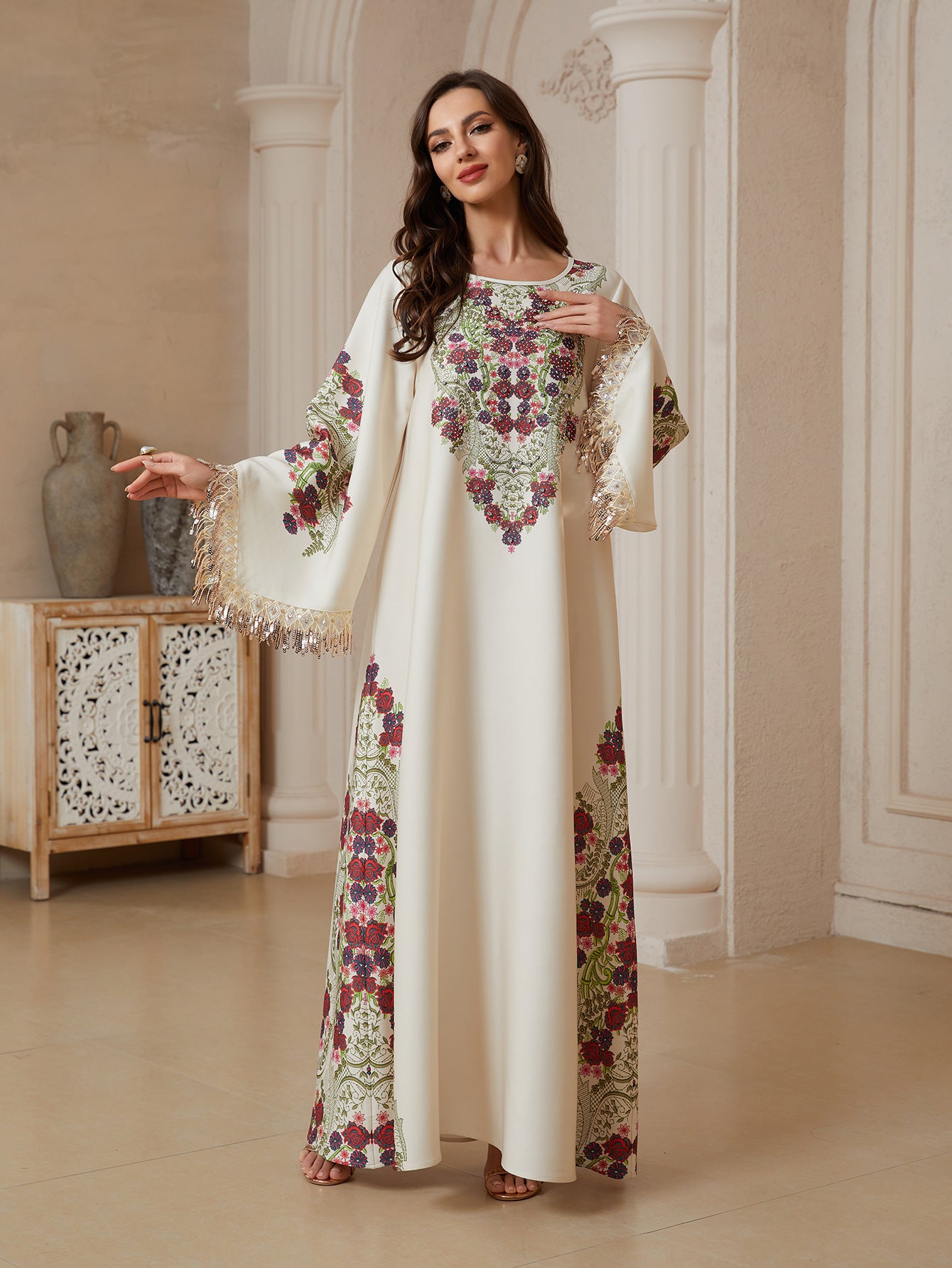 Round Neck Vintage Floral Print Jalabiya Women Gold Tassel Flare Sleeve Maxi Kaftan Loose Draped Modest Dress For Eid Mubarak Ramadan Casual Party Holiday Outfit