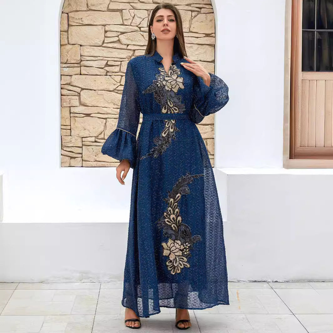 2026 Couture Embellished Plus Size Modest Abaya Deep Blue Sparkling Mesh Fabric Elegant Gold Floral Peacock Applique Stand Collar Bell Sleeve Belted Maxi Dress Premium Pan-Arab Attire For Curvy Ladies Ramadan Socials & Seasonal Wedding Occasions