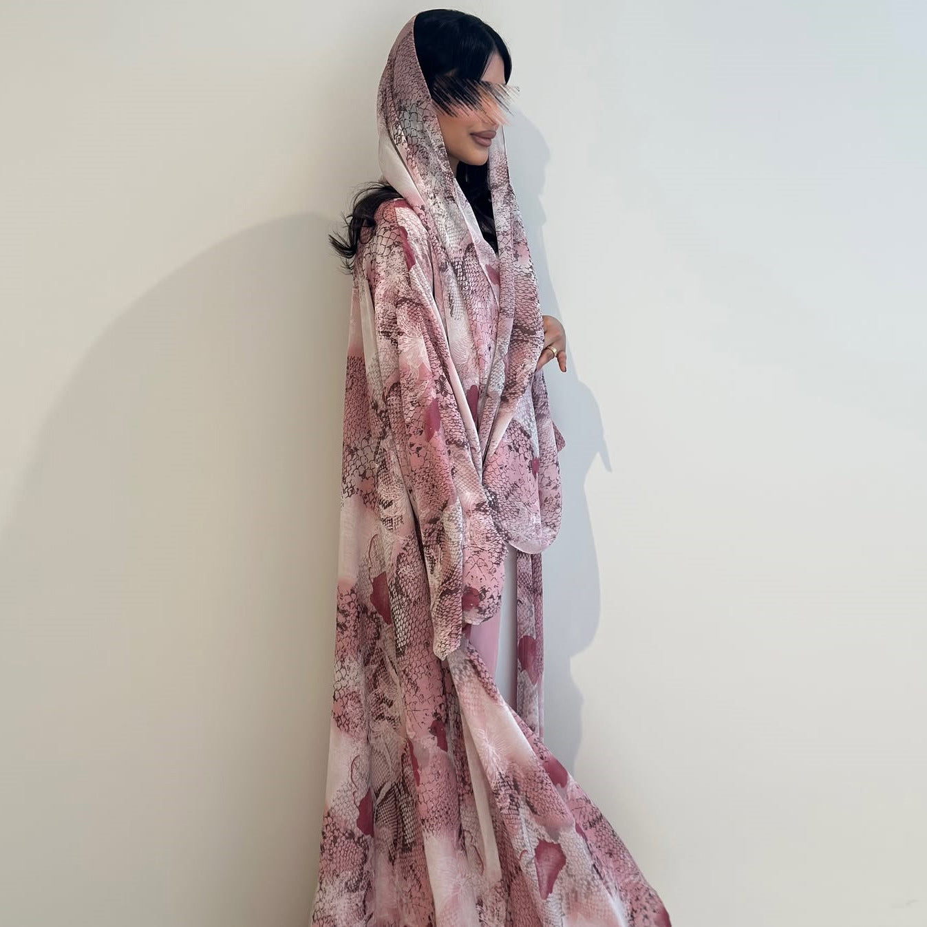Pink Chiffon Floral Print Open Outerwear Maxi Dress with Hijab Two-Piece Set