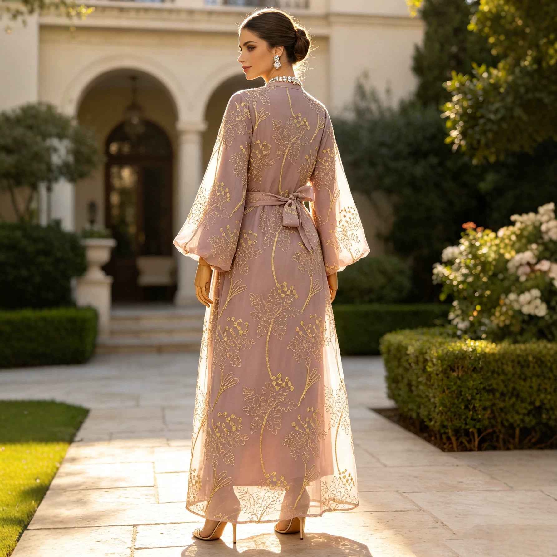 Luxury Gold Embroidered High Neck Abaya Dress Lantern Sleeve Belted Kaftan Modest Long Maxi Evening Gown Eid Ramadan S-XXL