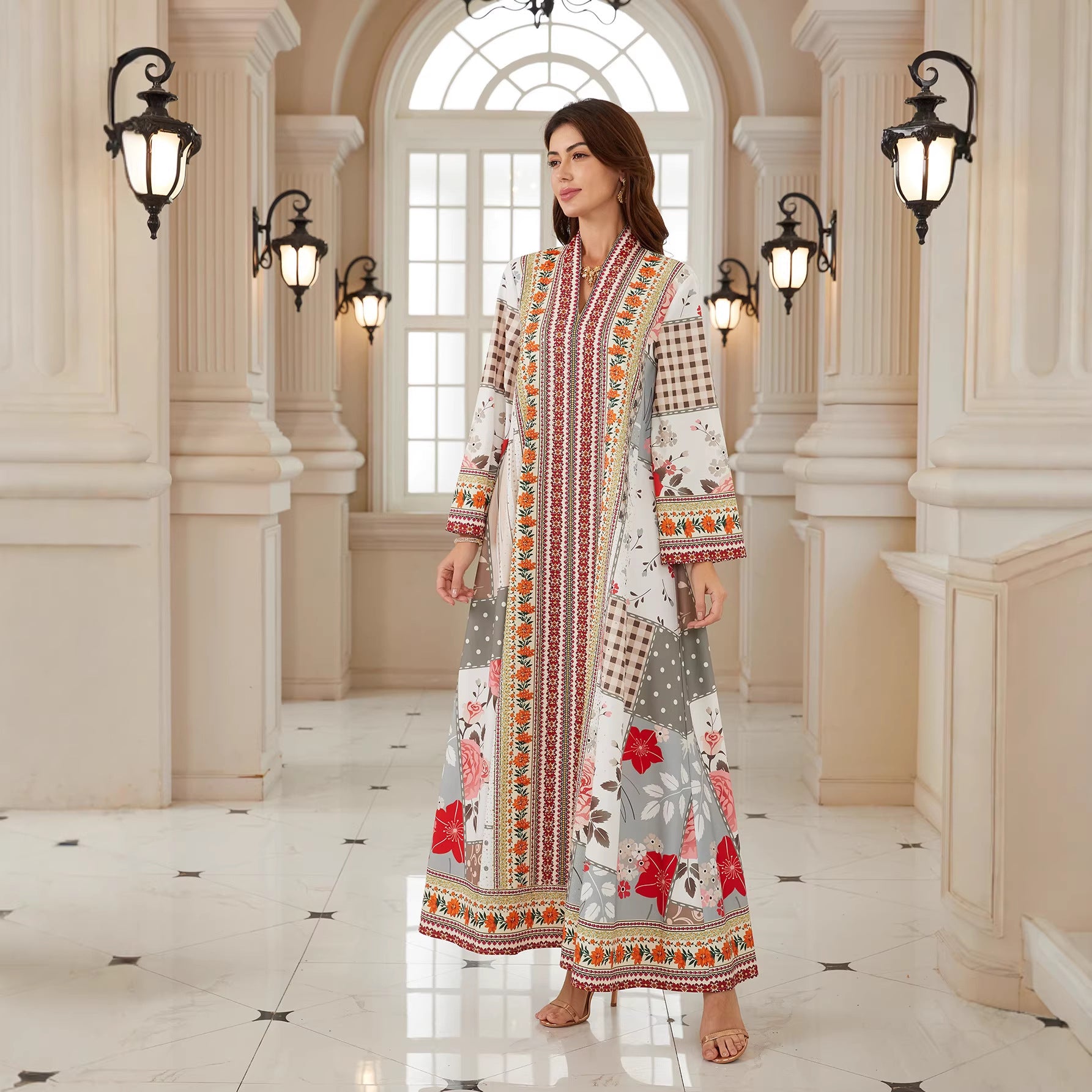 Elegant Floral V-Neck Abaya – Rhinestone Modest Maxi Dress