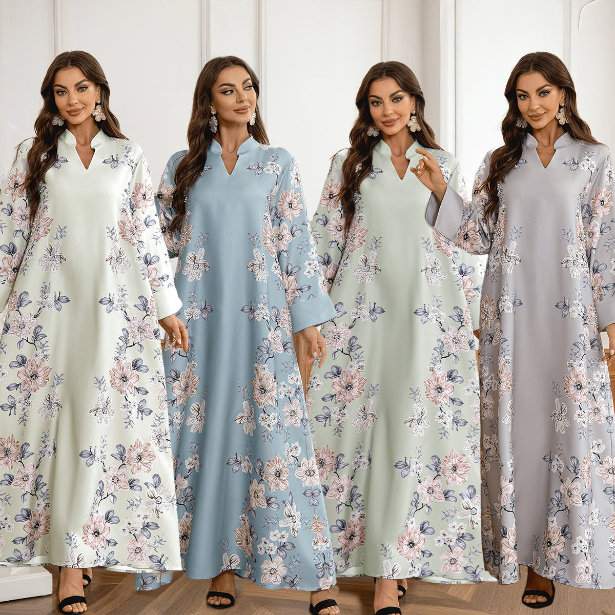 Elegant 4-Color Floral Embroidered Kaftan – Modest Muslim Maxi