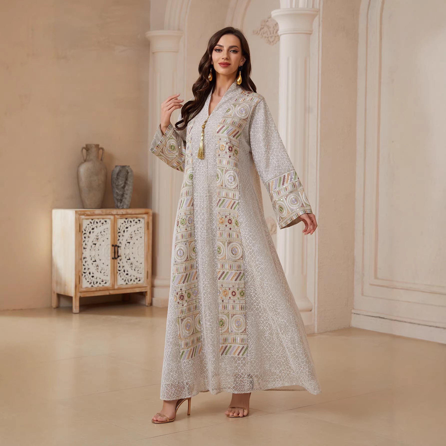 Premium Hand Stitched Embroidery Abaya Women Light Silver Hollow Grid Mesh V Neck Loose Wide Sleeve Tassel Tie Decor Floor Length Modest Outfit For Middle East Wedding & Eid Celebration