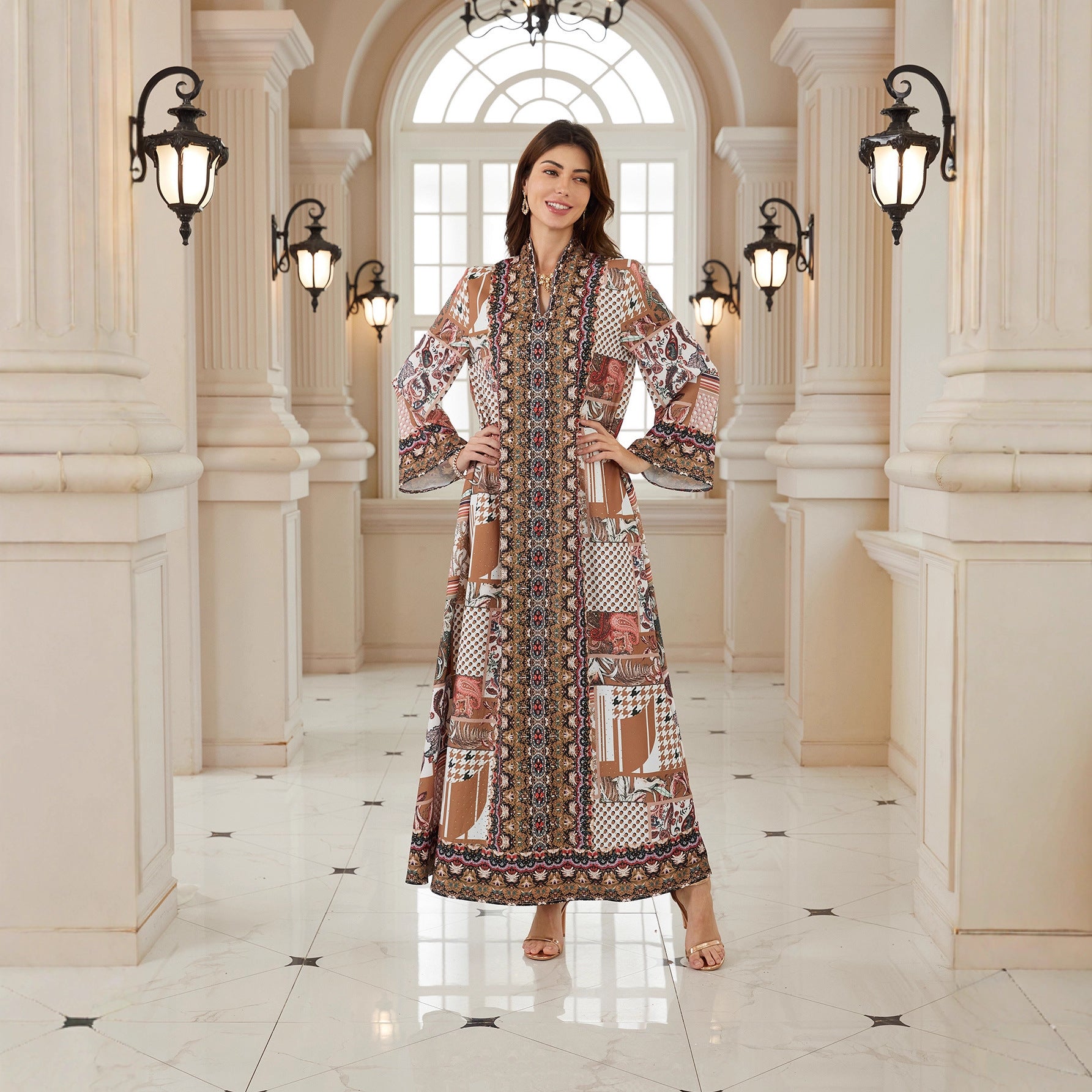 Charming Floral Jalabiya – Rhinestone Embroidered Muslim Maxi Dress