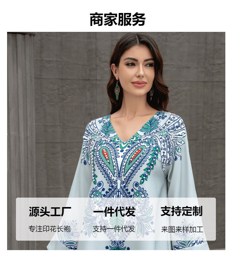 Light Blue Floral Print Rhinestone Embroidered Maxi Abaya Dress