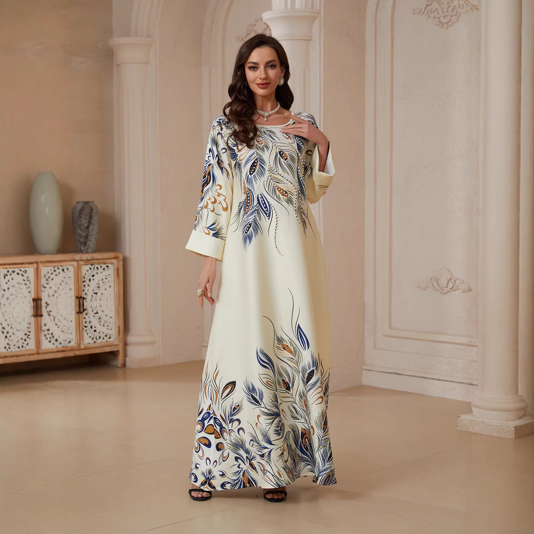 Women Round Neck Gradient Peacock Feather Print Abaya Cuff Long Sleeve Maxi Jalabiya Cream Matte Crepe Ethnic Modest Gown For Eid Mubarak Ramadan Wedding Evening Party