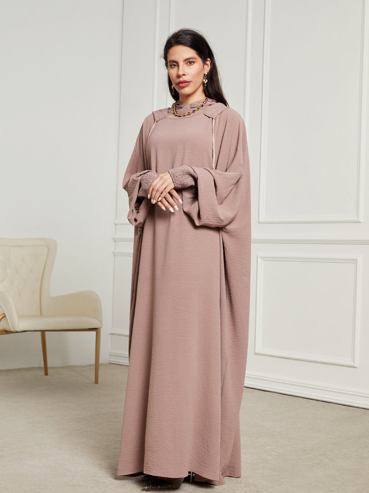 Hooded Hijab Abaya Dress with Drawstring Jalabiya Modest Long Maxi Dress for Muslim Women Eid Ramadan Daily Wear S-XXL