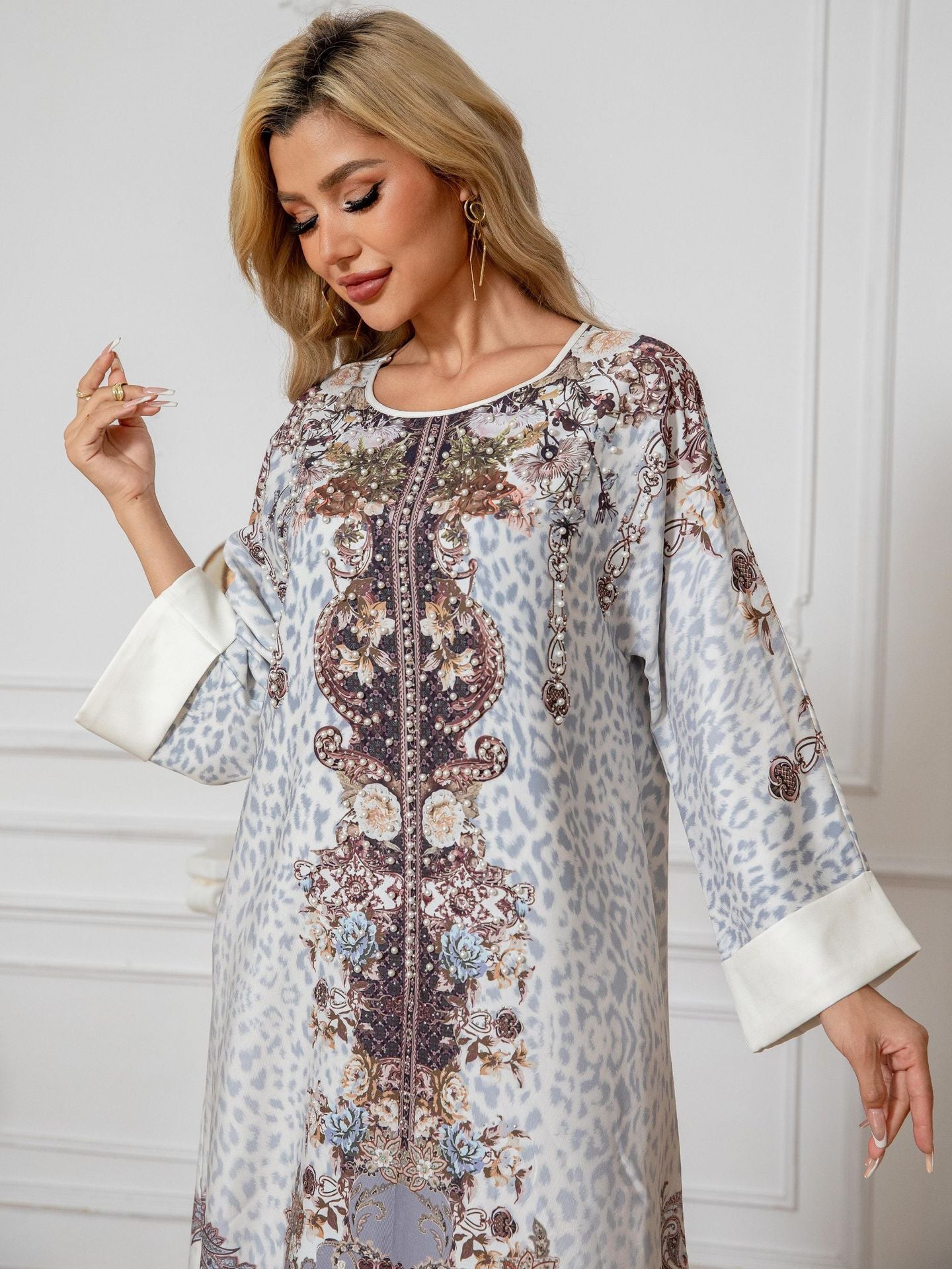 Grey Floral Print Mandarin Collar Rhinestone Plus Size Maxi Abaya Dress