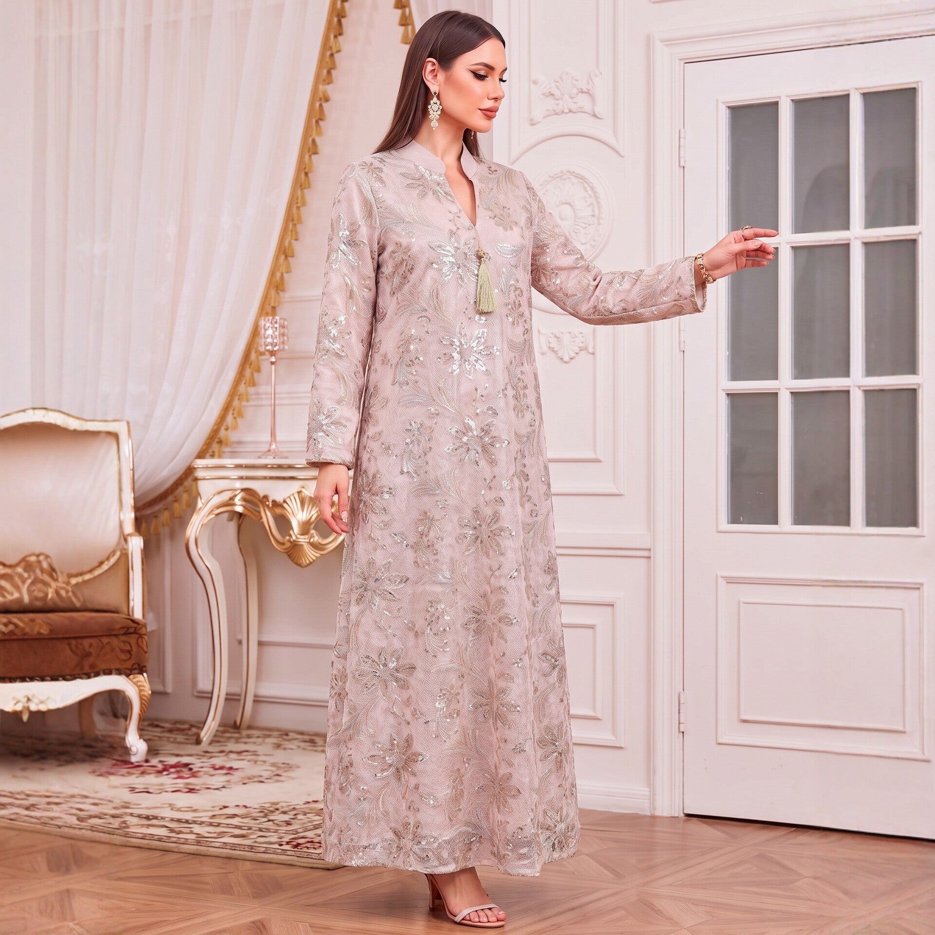 Apricot Pink Light Blue V-Neck Heavy Beaded Embroidered Abaya Maxi Dress
