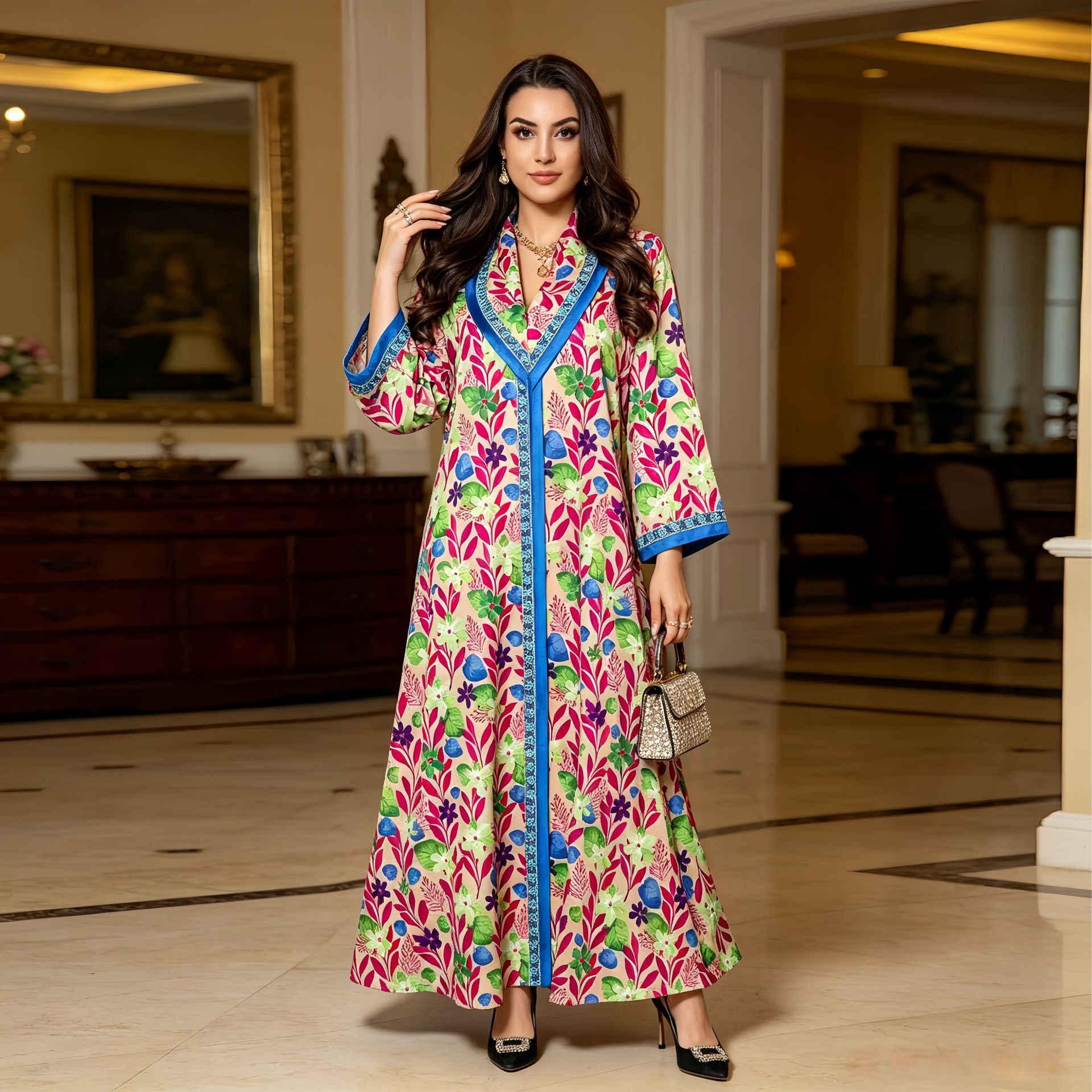 Green and Blue Floral Print Rhinestone Pullover Maxi Dress - Plus Size Casual