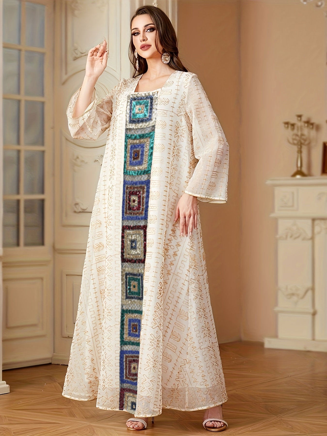 Sequin Applique Embroidered Kaftan Dress Jalabiya Modest Long Maxi Dress for Eid Ramadan Festive Celebration S-XXL