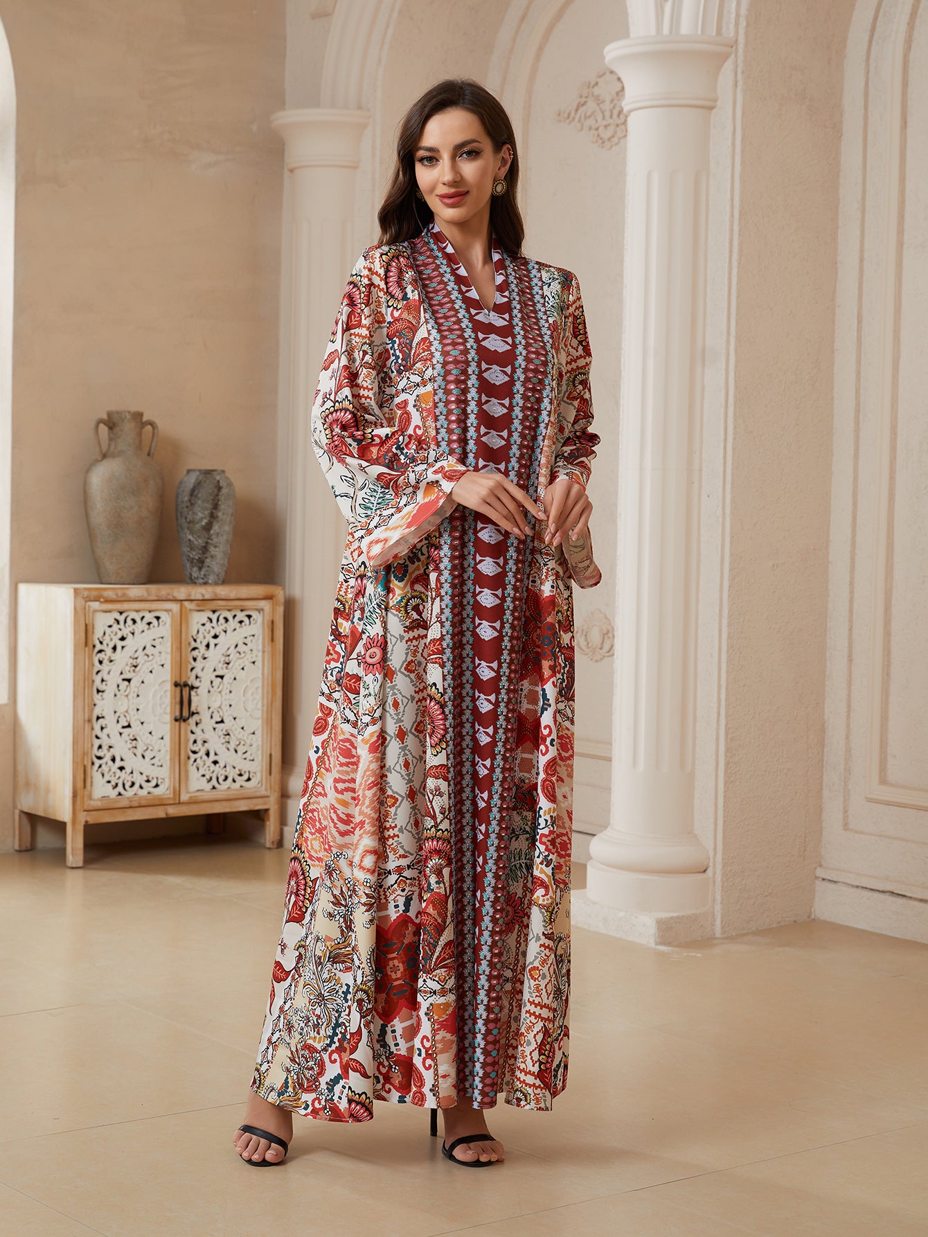 Floral V-Neck Plus Size Maxi Dress - Loose Summer Muslim Gown