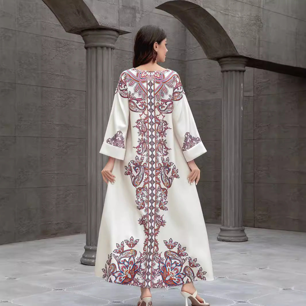 Apricot Floral Print Rhinestone Embroidered Maxi Abaya Dress