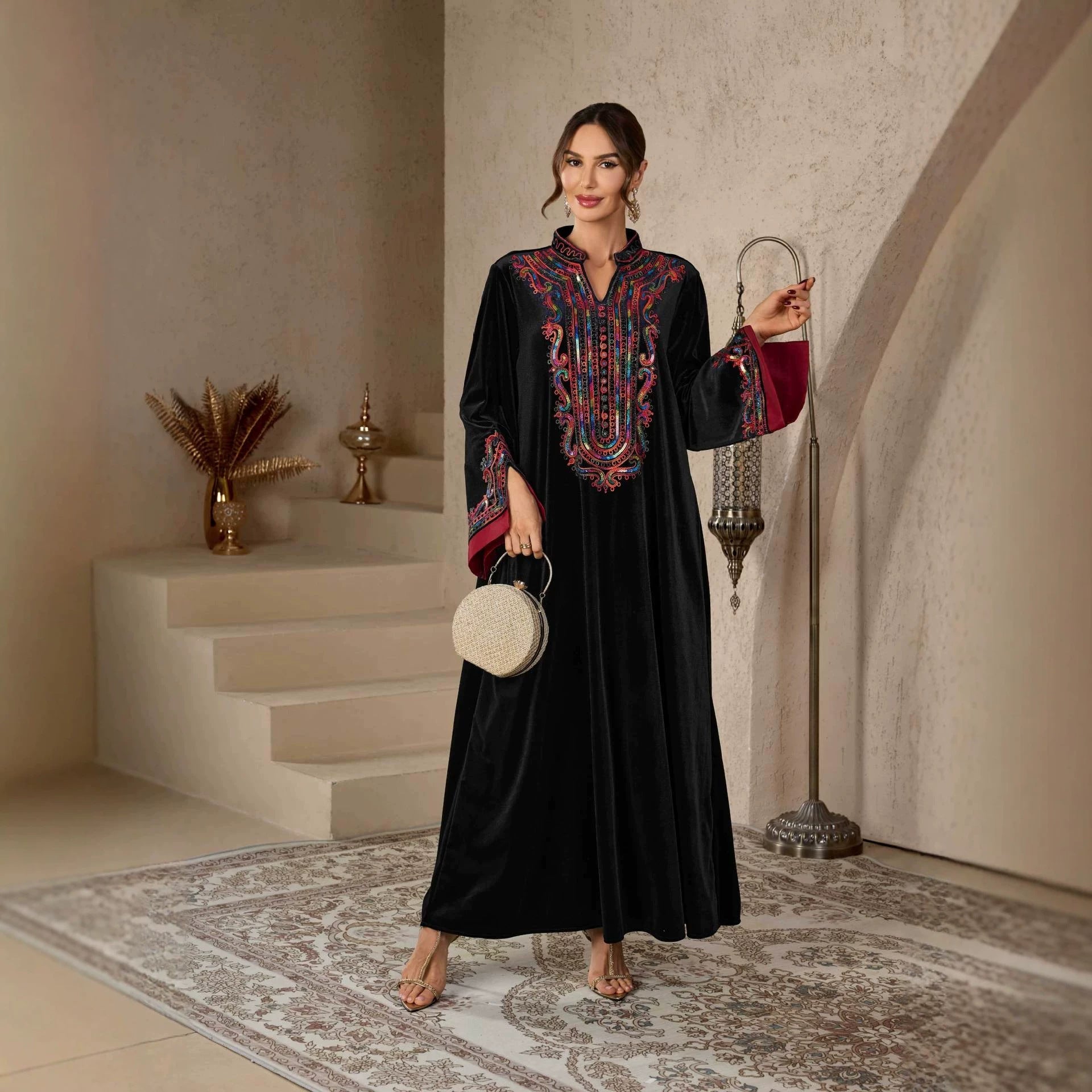 Navy and Black Ethnic Rhinestone Applique Embroidered Maxi Abaya Dress