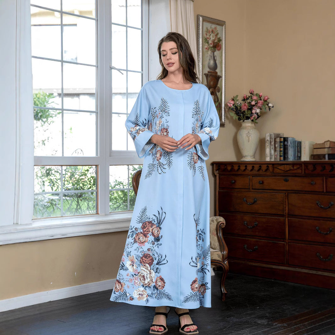 Sky Blue Rhinestone Beaded Round Neck Floral Maxi Dress - Modest