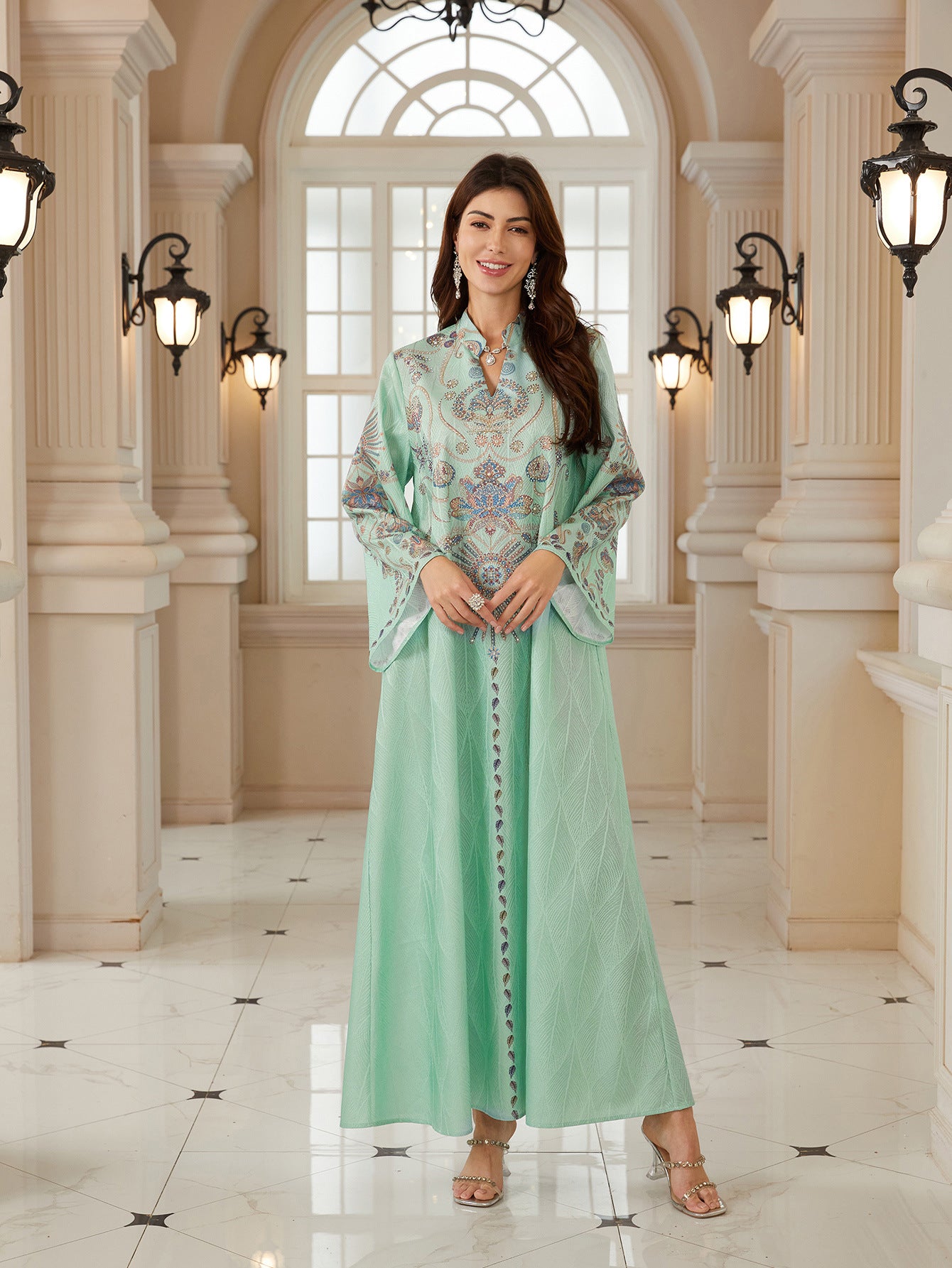 Mint Green Stand Collar Heavy Embroidery Abaya Flare Sleeve Textured Fabric Modest Muslim Women Full Length Kaftan Dress For Wedding Party Ramadan