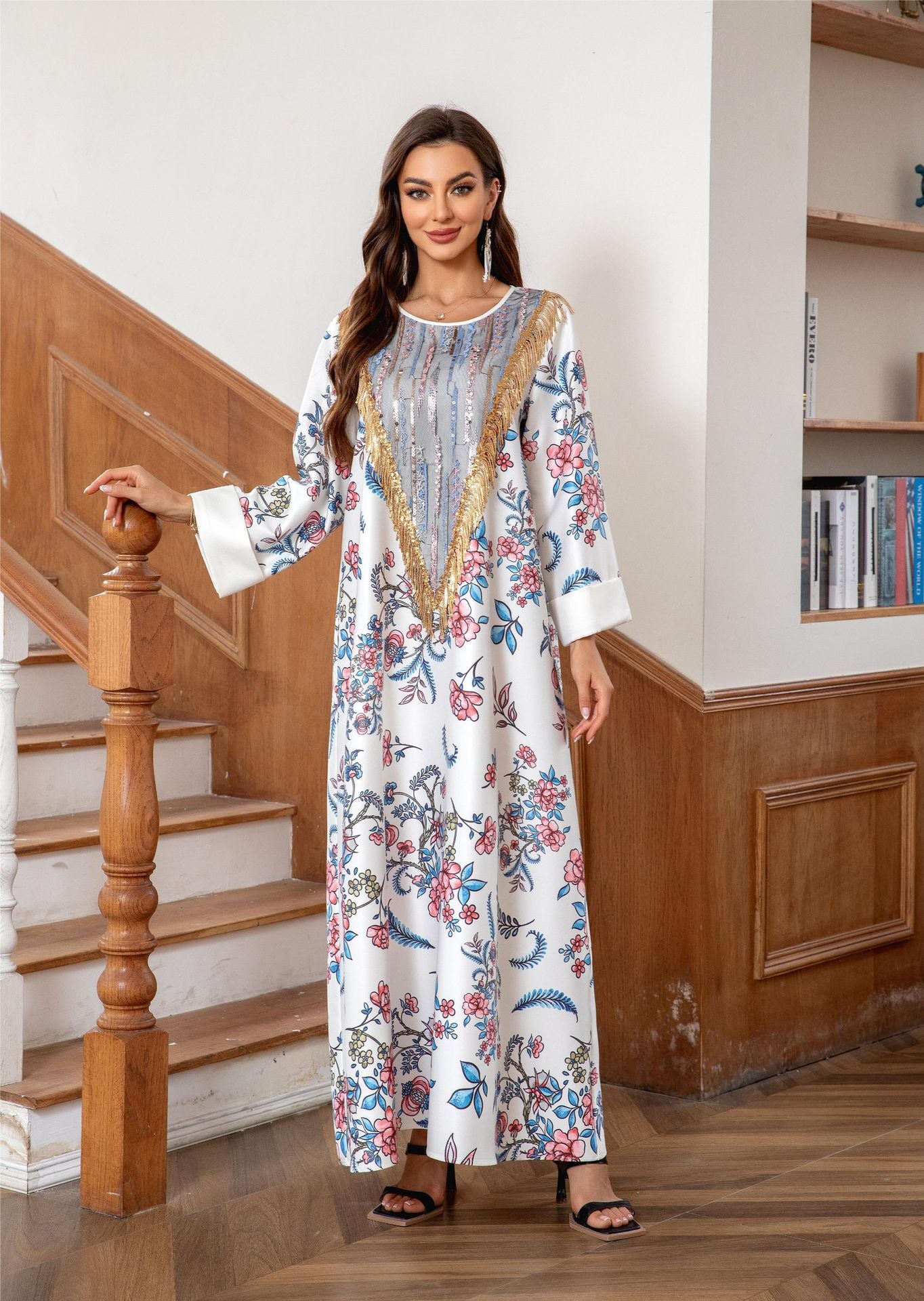 White Floral Print Elegant Abaya - Loose Fitting Modest Long Robe