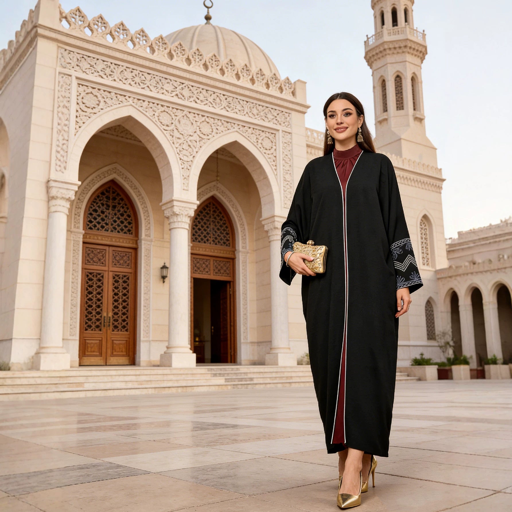 Black Embroidered Open Cardigan Modest Maxi Abaya - Free Size