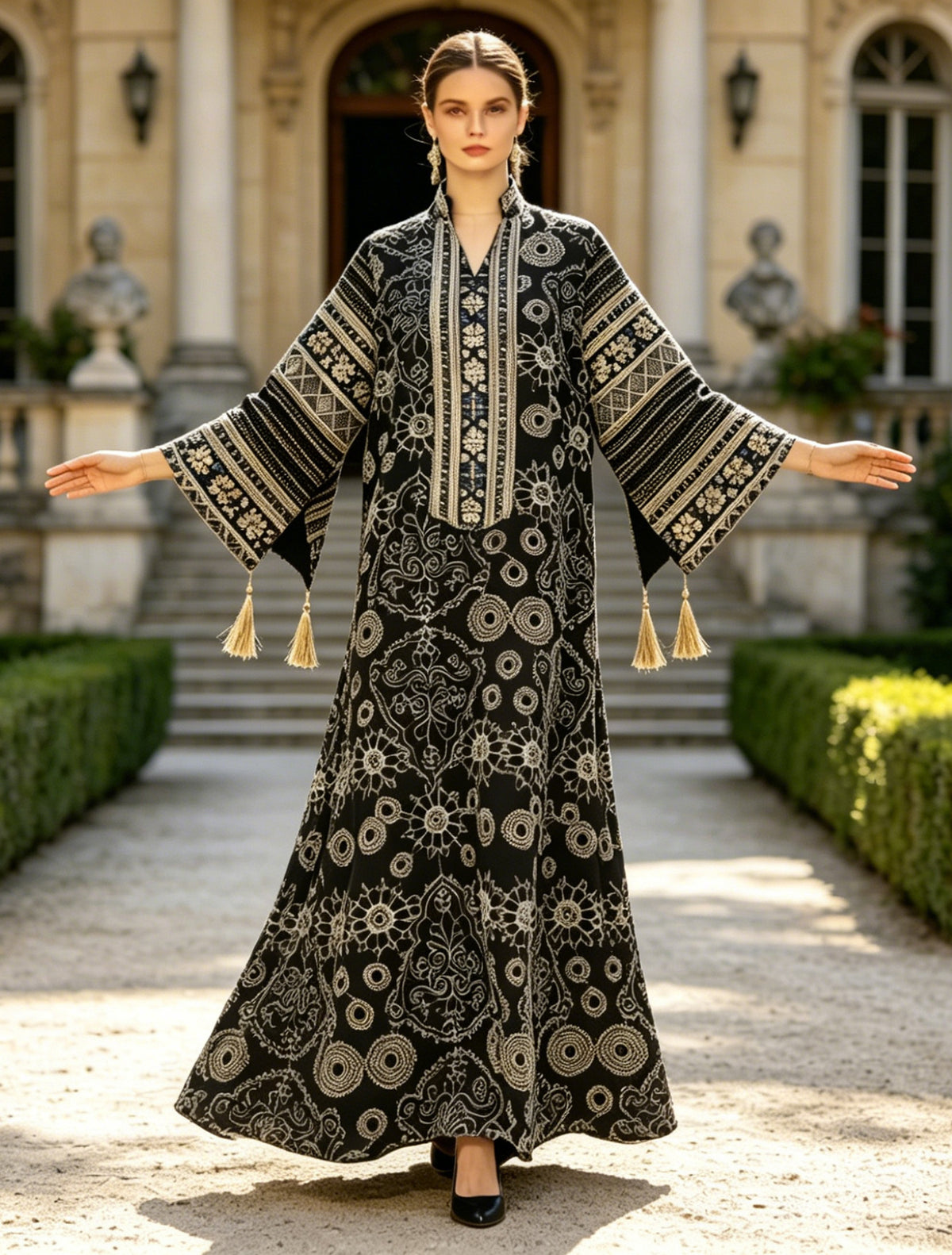 Luxury Wide Sleeve Tassel Embroidered Kaftan Abaya Modest Maxi Gown for Muslim Women Festive Evening Party Robe S-XXL - 178
