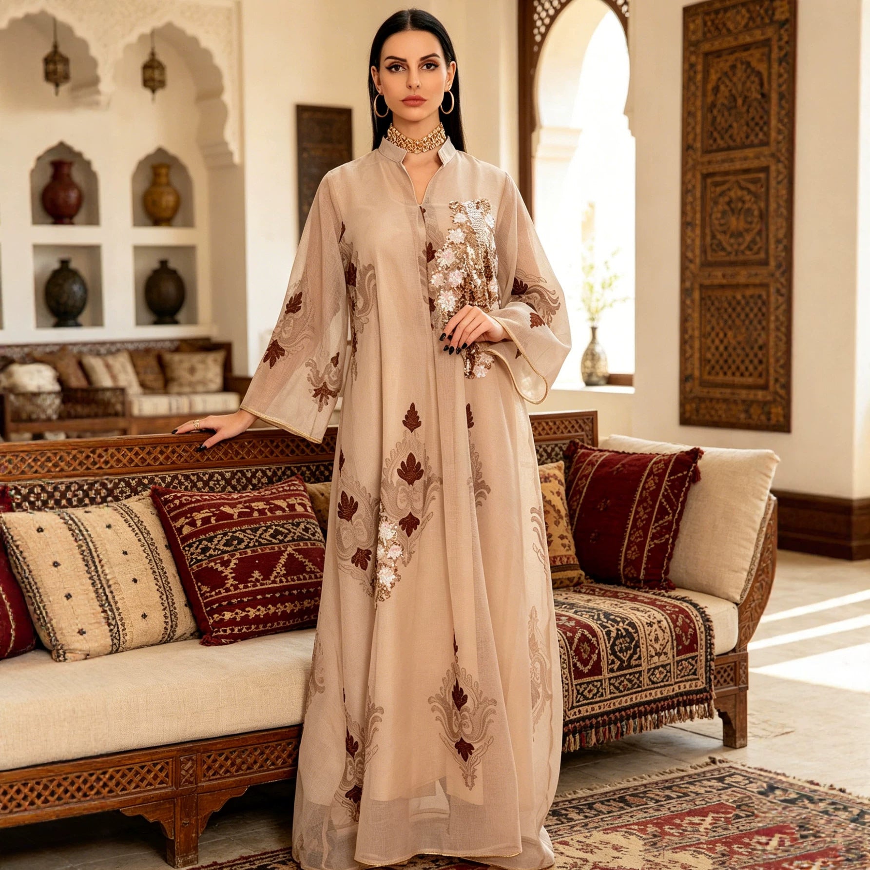 Sequin Leaf Embroidered Cardigan Abaya Dress Open Front Long Robe Modest Maxi Dress for Muslim Women Eid Ramadan S-XXL
